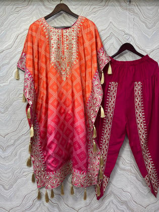 Stunning Embroidery Work Pure Chinon Silk Kaftan With Dhoti Set