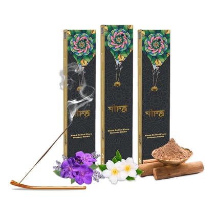 NIRA Fragrances Lavender, Jasmine and Sandalwood Fragrance 120 Incense Stick Combo 100% Natural & Organic Cow Dung Handmade Agarbatti Best for Morning and Evening Pooja, Meditation, and Aromatherapy, Yoga