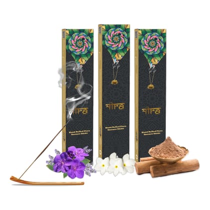 NIRA Fragrances Lavender, Nag Champa and Sandalwood Fragrance 120 Incense Stick Combo 100% Natural & Organic Cow Dung Handmade Agarbatti Best for Morning and Evening Pooja, Meditation, and Aromatherapy, Yoga