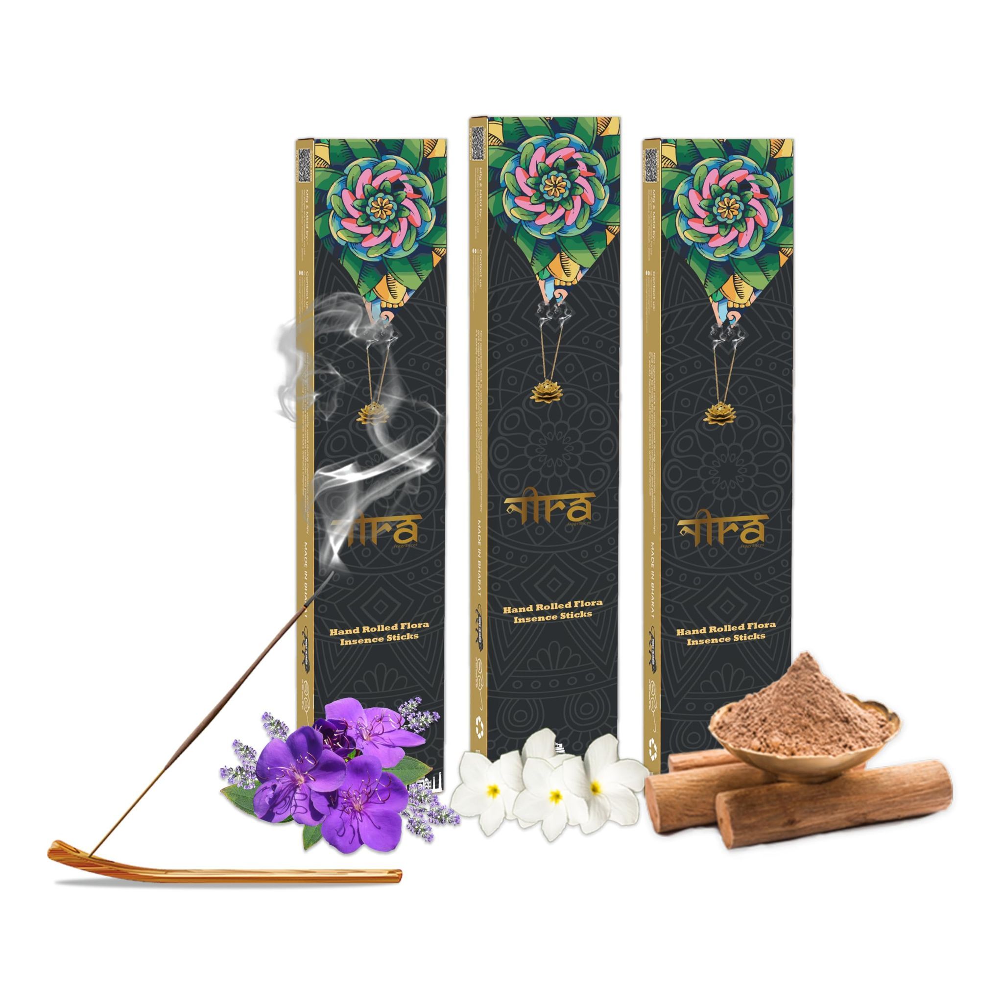 NIRA Fragrances Lavender, Nag Champa and Sandalwood Fragrance 120 Incense Stick Combo 100% Natural & Organic Cow Dung Handmade Agarbatti Best for Morning and Evening Pooja, Meditation, and Aromatherapy, Yoga