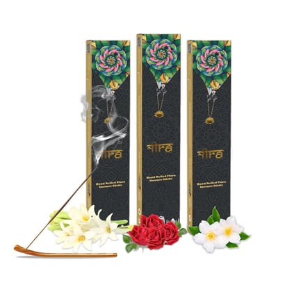 NIRA Fragrances Rajnigandha, Jasmine and Rose Fragrance 120 Incense Stick Combo 100% Natural & Organic Cow Dung Handmade Agarbatti Best for Morning and Evening Pooja, Meditation, and Aromatherapy, Yoga