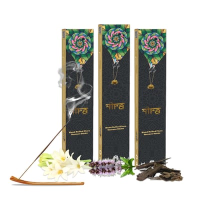 NIRA Fragrances Rajnigandha, Oudh and Patchouli Fragrance 120 Incense Stick Combo 100% Natural & Organic Cow Dung Handmade Agarbatti Best for Morning and Evening Pooja, Meditation, and Aromatherapy, Yoga