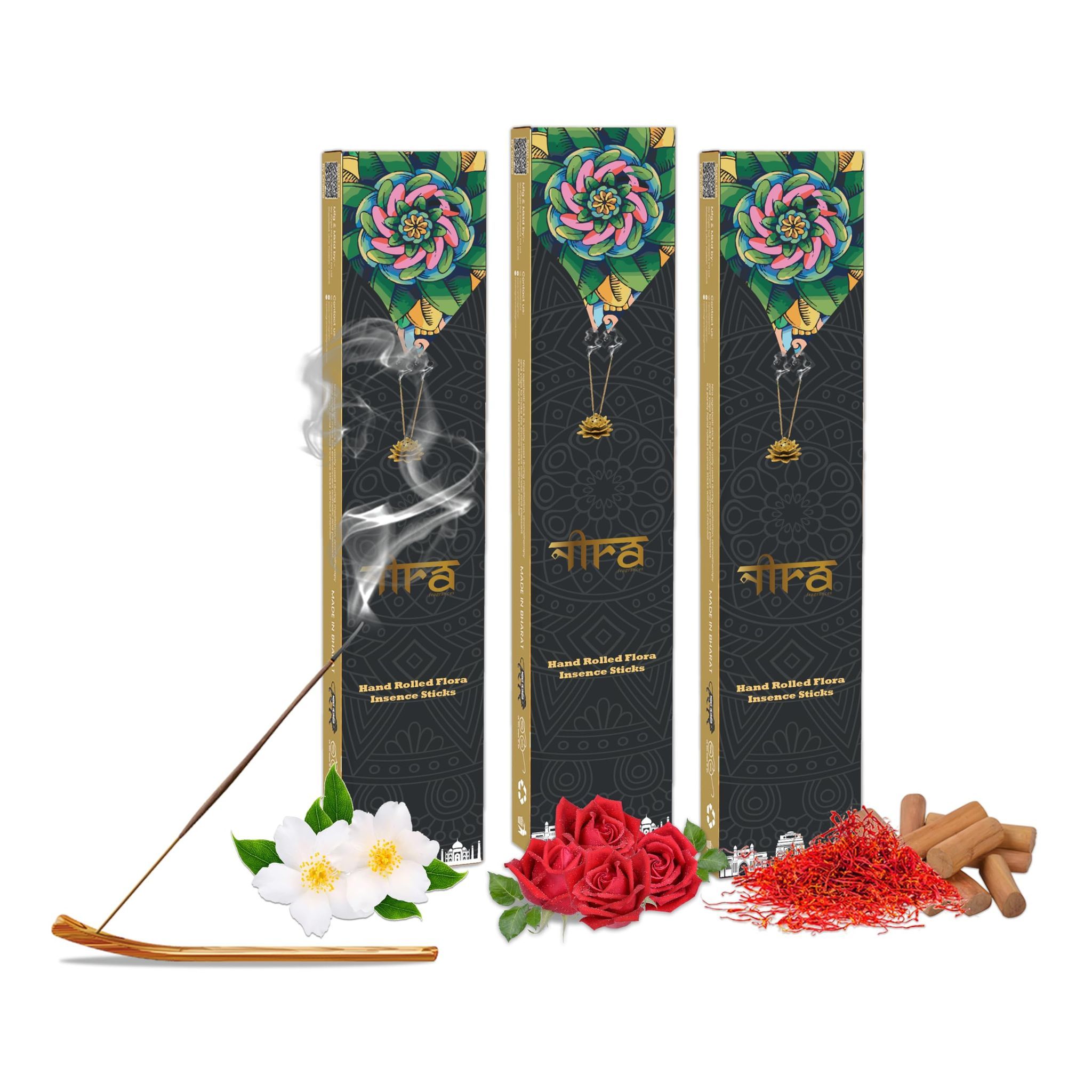 NIRA Fragrances Rose, Jasmine and Kesarchandan Fragrance 120 Incense Stick Combo 100% Natural & Organic Cow Dung Handmade Agarbatti Best for Morning and Evening Pooja, Meditation, and Aromatherapy, Yoga