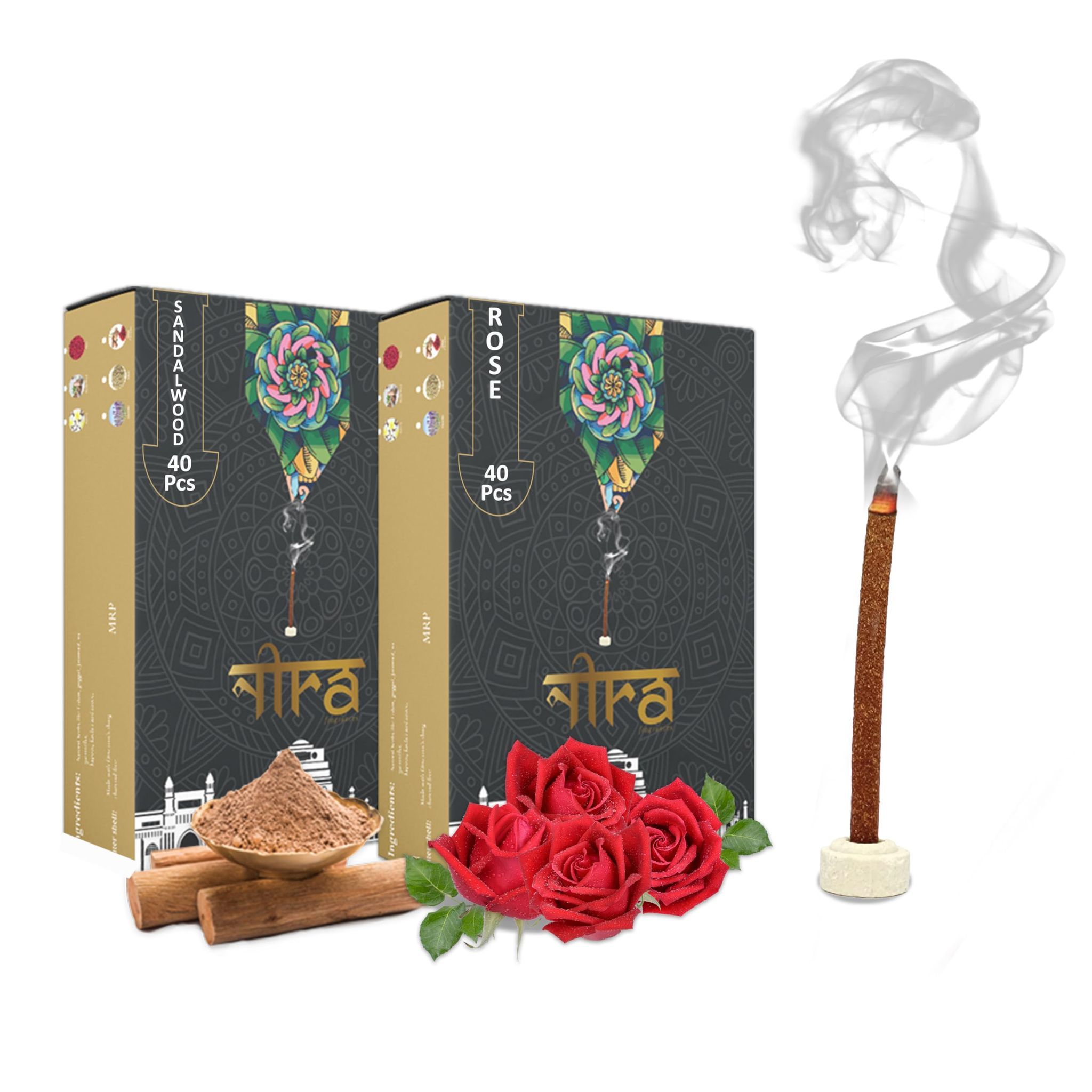 NIRA Fragrances Natural & Organic Rose & Sandalwood Long Lasting Fragrance Cow Dung Dhoop Sticks for Pooja 100 Pices Bambooless charcoal free Incense Sticks for Ideal for Prayers Free Dhup Stick Stand