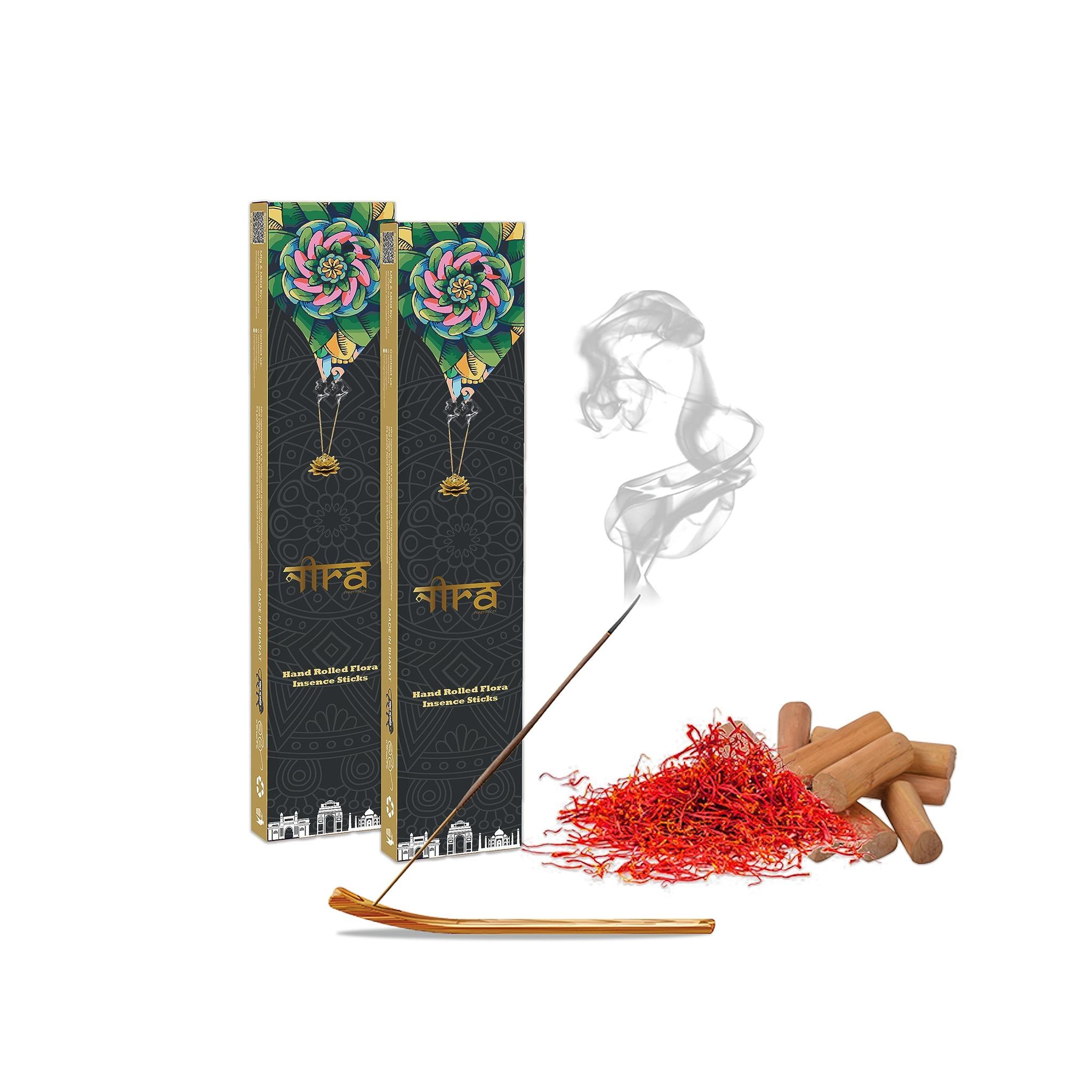 NIRA Fragrances Kesar Chanden Fragrance 80 Incense Stick Combo 100% Natural & Organic Cow Dung Handmade Agarbatti Best for Morning and Evening Pooja, Meditation, and Aromatherapy, Yoga