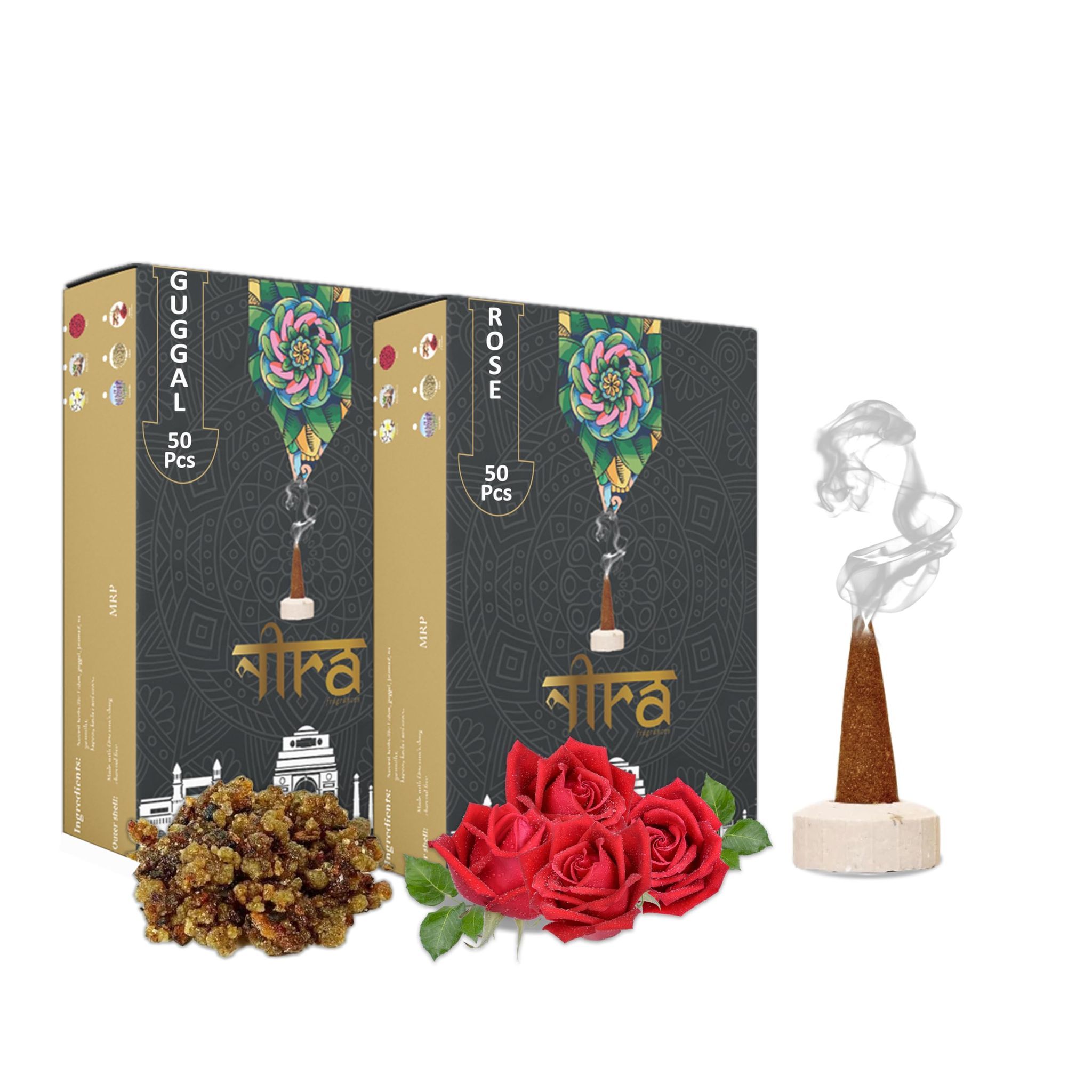 Nira Fragrances Natural Cow Dung Incense Cones |100 Organic Dhoop Cones with Rose & Guggal Fragrances | Best for Pooja, Meditation, and Aromatherapy | Free Dhoop Stand Included