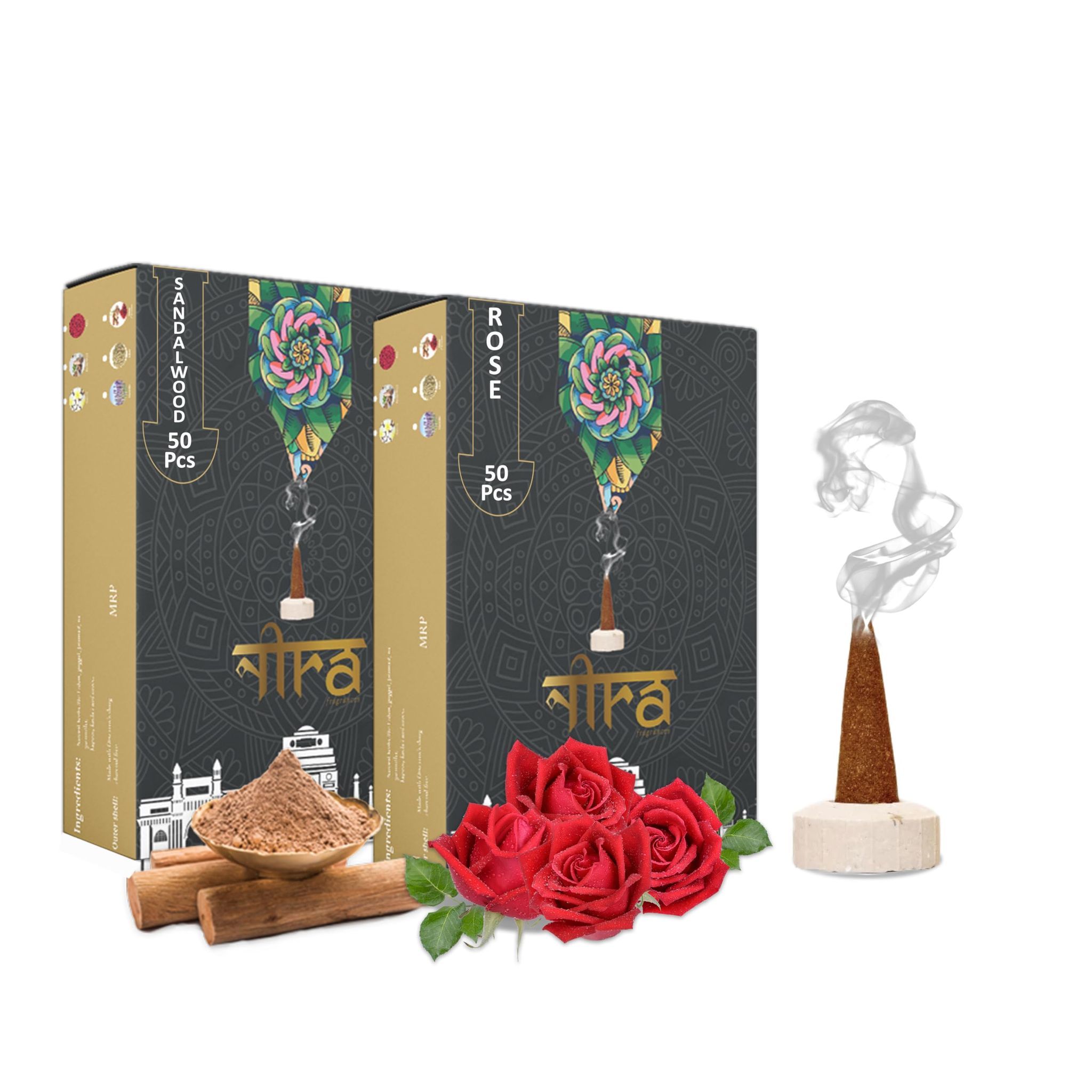 Nira Fragrances Natural Cow Dung Incense Cones |100 Organic Dhoop Cones with Rose & Sandalwood Fragrances | Best for Pooja, Meditation, and Aromatherapy | Free Dhoop Stand Included