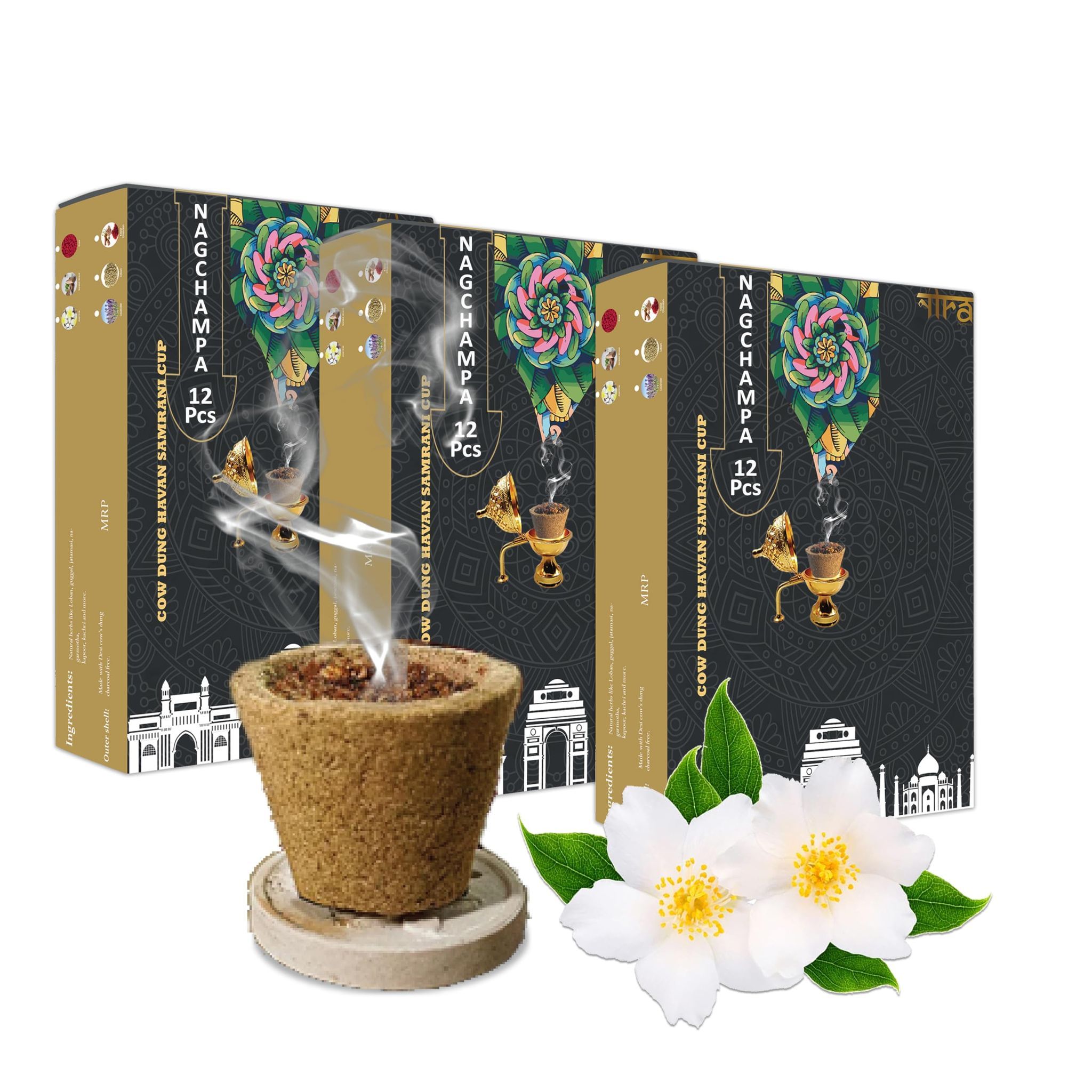 Nira Fragrances Jasmine Incense sambrani Cups I 36 Havan Pcs + 1 Free Stand I Natural Cow Dung Dhoop Havan Cup I Dhuni for Pooja I Organic Fragrance