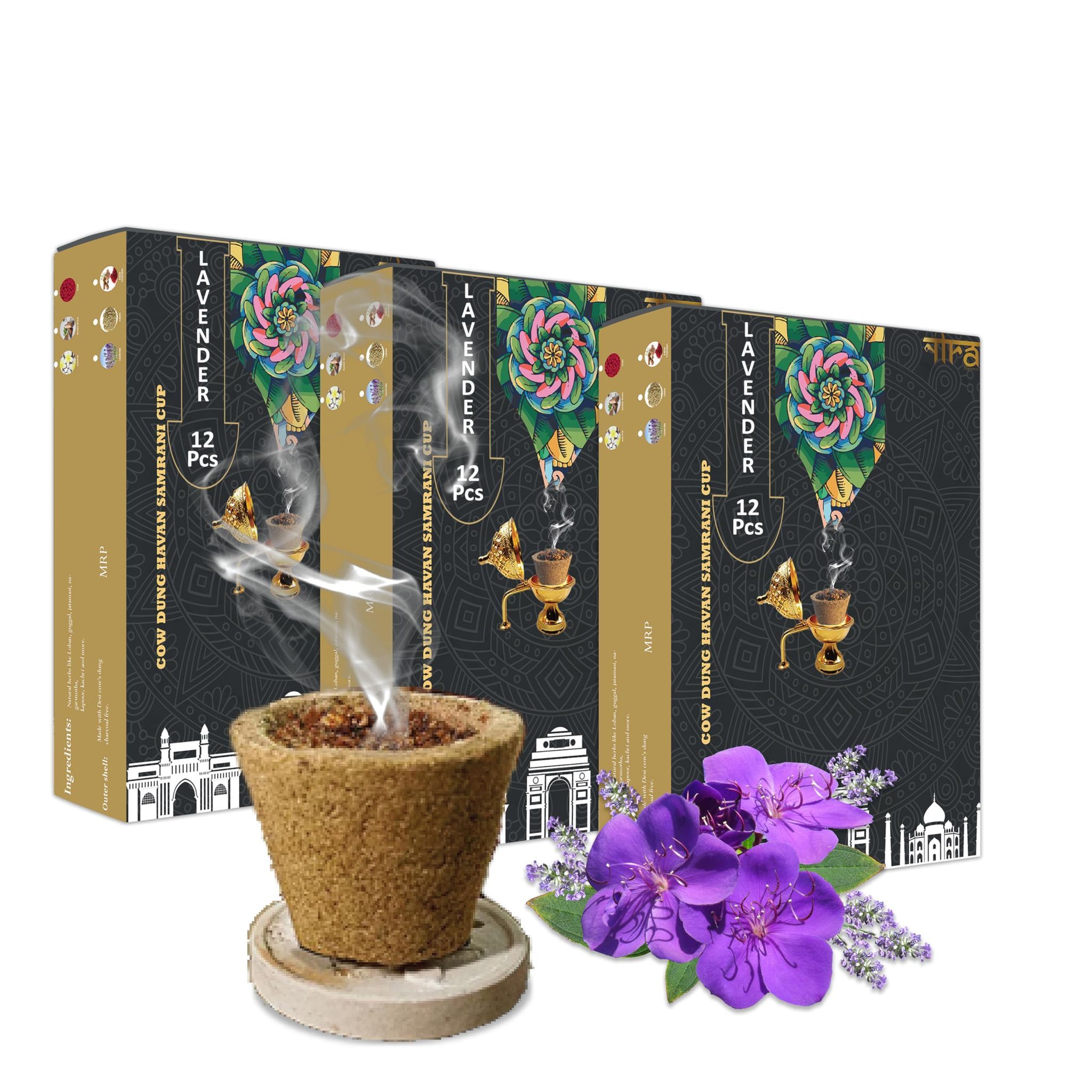 Nira Fragrances Lavender Incense sambrani Cups I 36 Havan Pcs + 1 Free Stand I Natural Cow Dung Dhoop Havan Cup I Dhuni for Pooja I Organic Fragrance