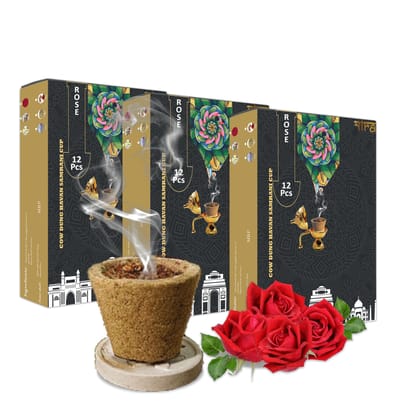 Nira Fragrances Rose Incense sambrani Cups I 36 Havan Pcs + 1 Free Stand I Natural Cow Dung Dhoop Havan Cup I Dhuni for Pooja I Organic Fragrance