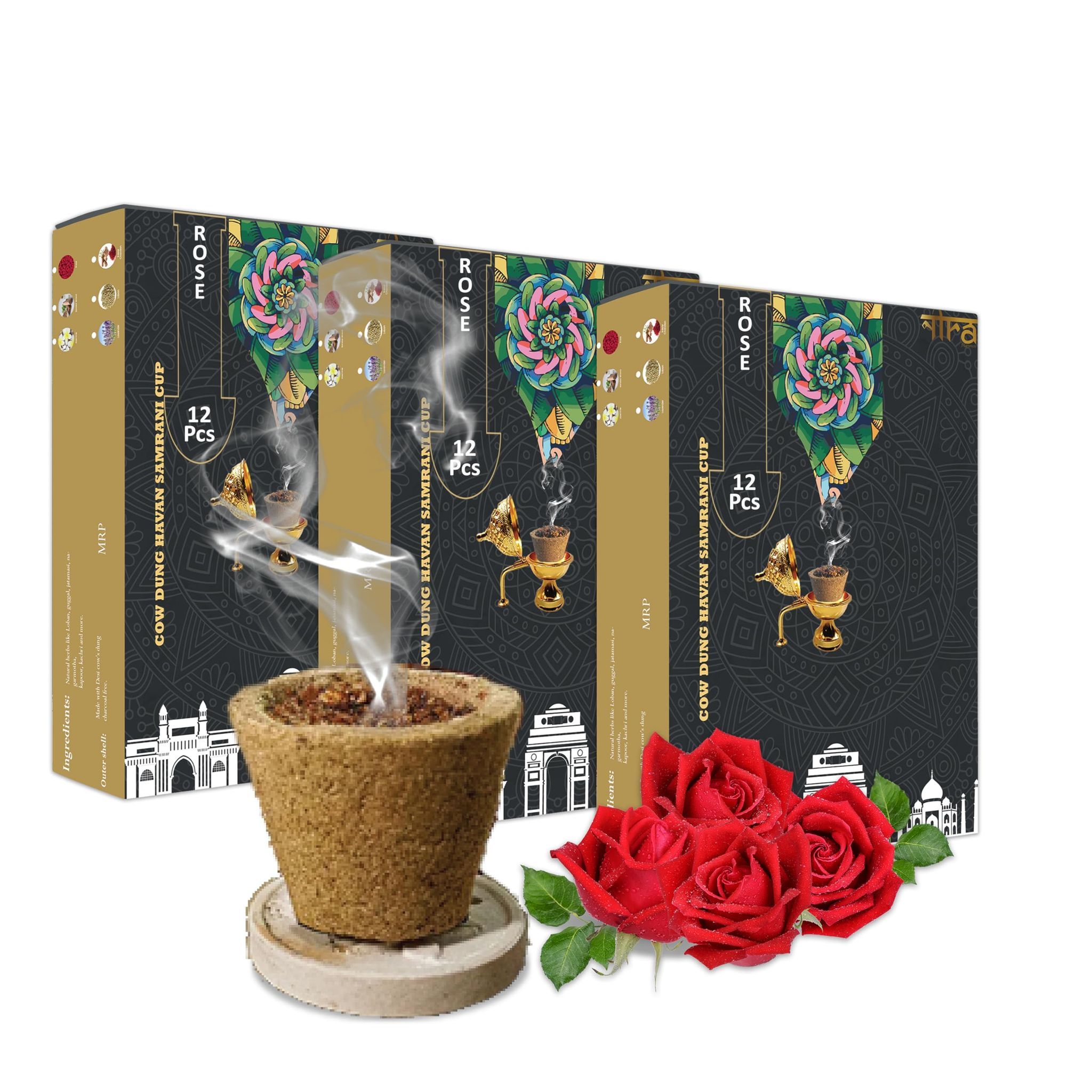 Nira Fragrances Rose Incense sambrani Cups I 36 Havan Pcs + 1 Free Stand I Natural Cow Dung Dhoop Havan Cup I Dhuni for Pooja I Organic Fragrance