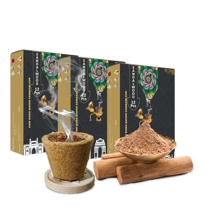 Nira Fragrances Sandalwood Incense sambrani Cups I 36 Havan Pcs + 1 Free Stand I Natural Cow Dung Dhoop Havan Cup I Dhuni for Pooja I Organic Fragrance