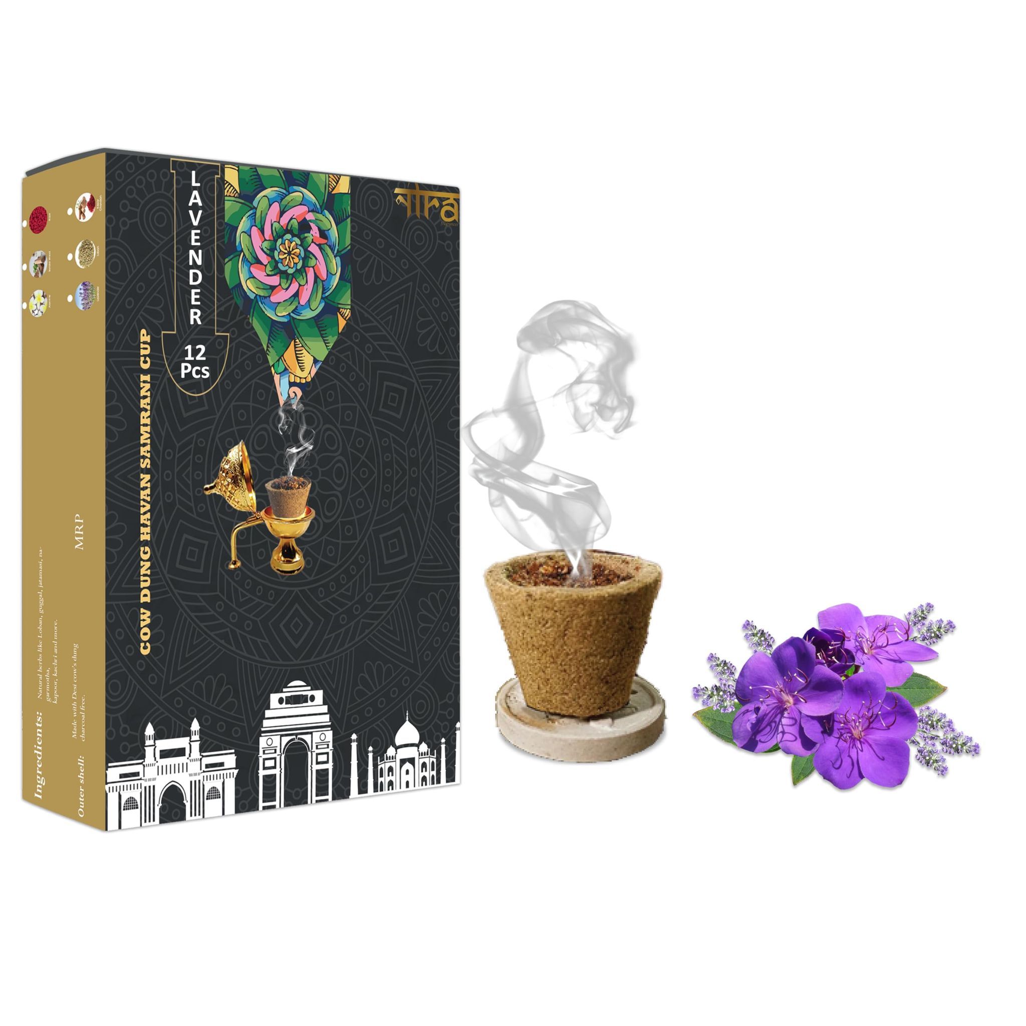 Nira Fragrances Lavender Incense sambrani Cups I 12 Havan Pcs + 1 Free Stand I Natural Cow Dung Dhoop Havan Cup I Dhuni for Pooja I Organic Fragrance