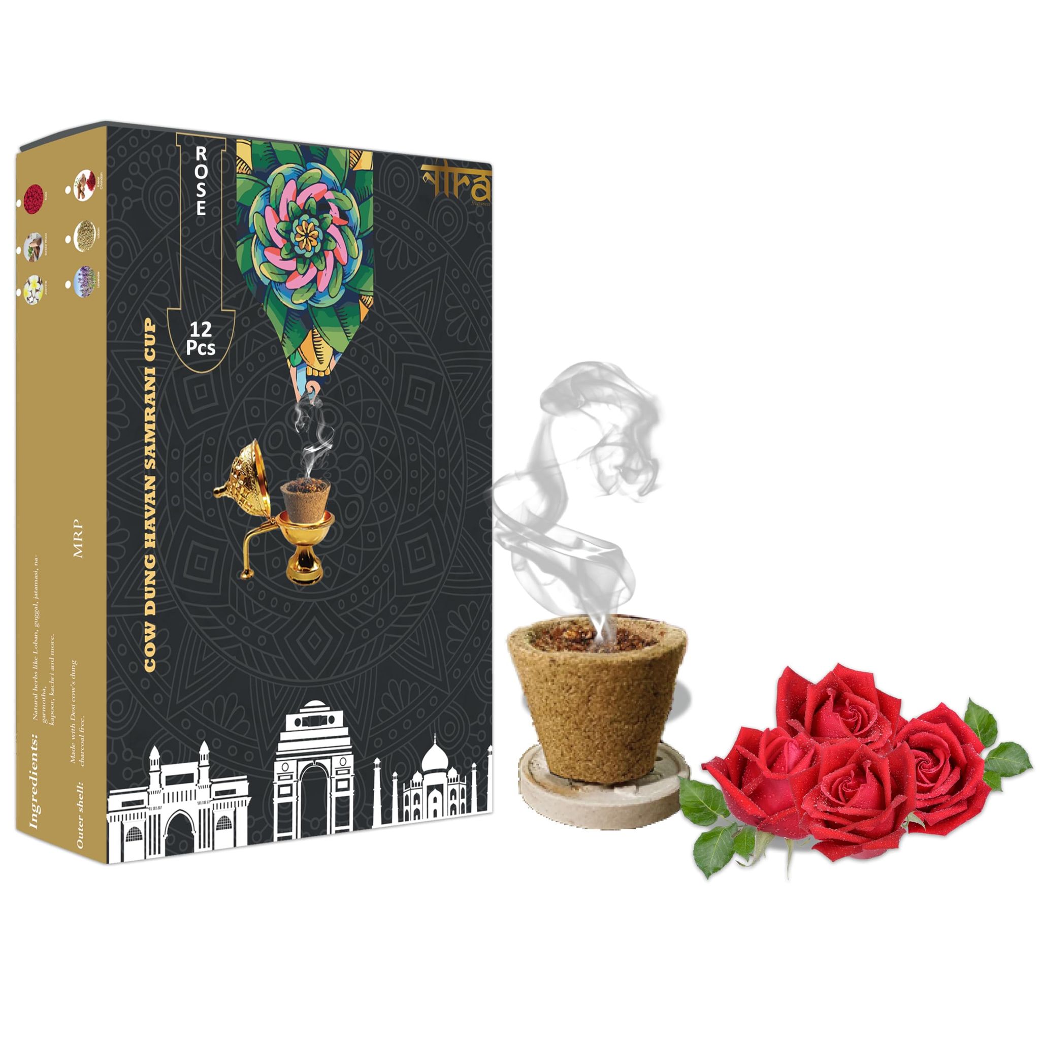 Nira Fragrances RoseIncense sambrani Cups I 12 Havan Pcs + 1 Free Stand I Natural Cow Dung Dhoop Havan Cup I Dhuni for Pooja I Organic Fragrance