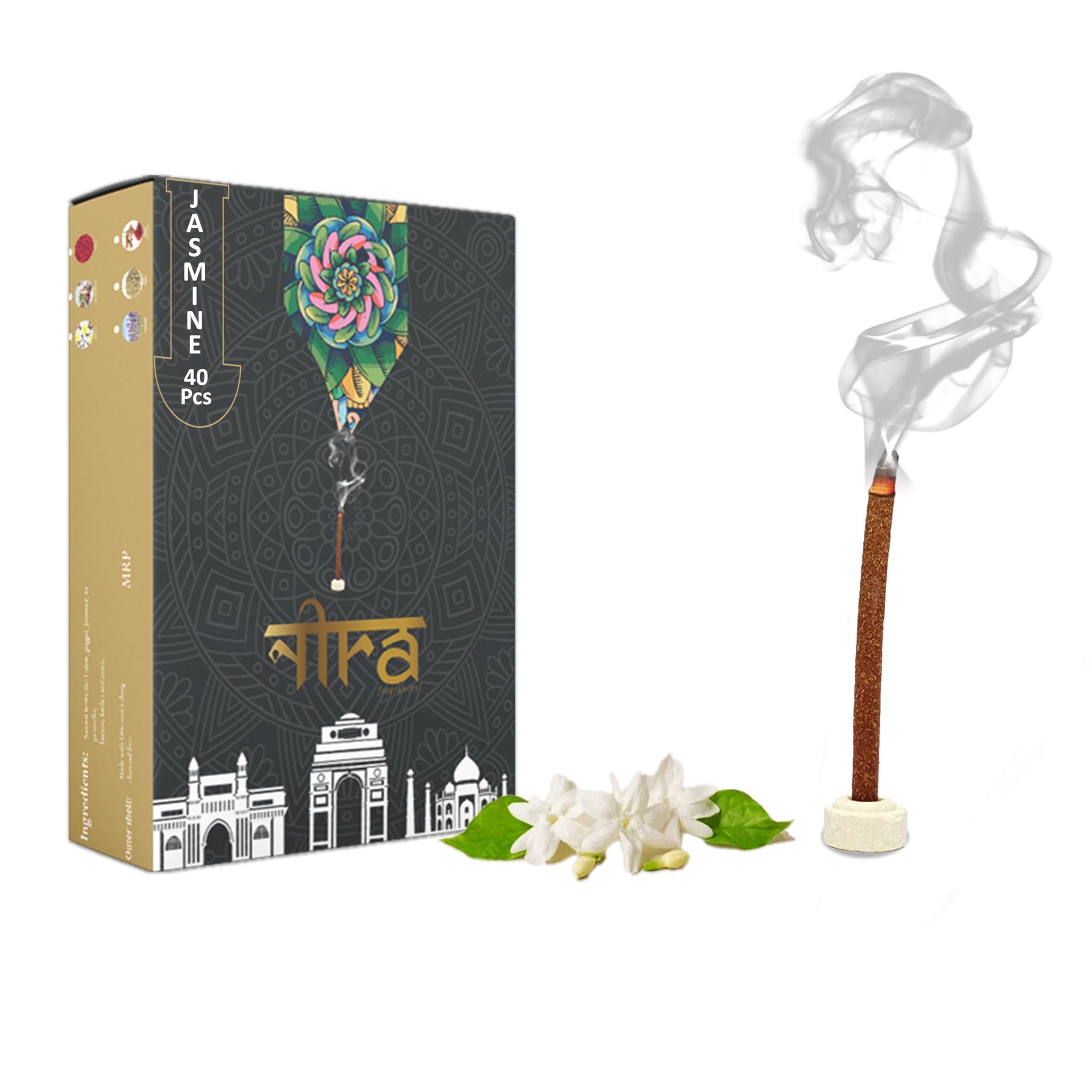 NIRA Fragrances Natural & Organic Jasmine Long Lasting Fragrance Cow Dung Dhoop Sticks for Pooja 40 Pices Bambooless charcoal free Incense Sticks for Ideal for Prayers Free Dhup Stick Stand