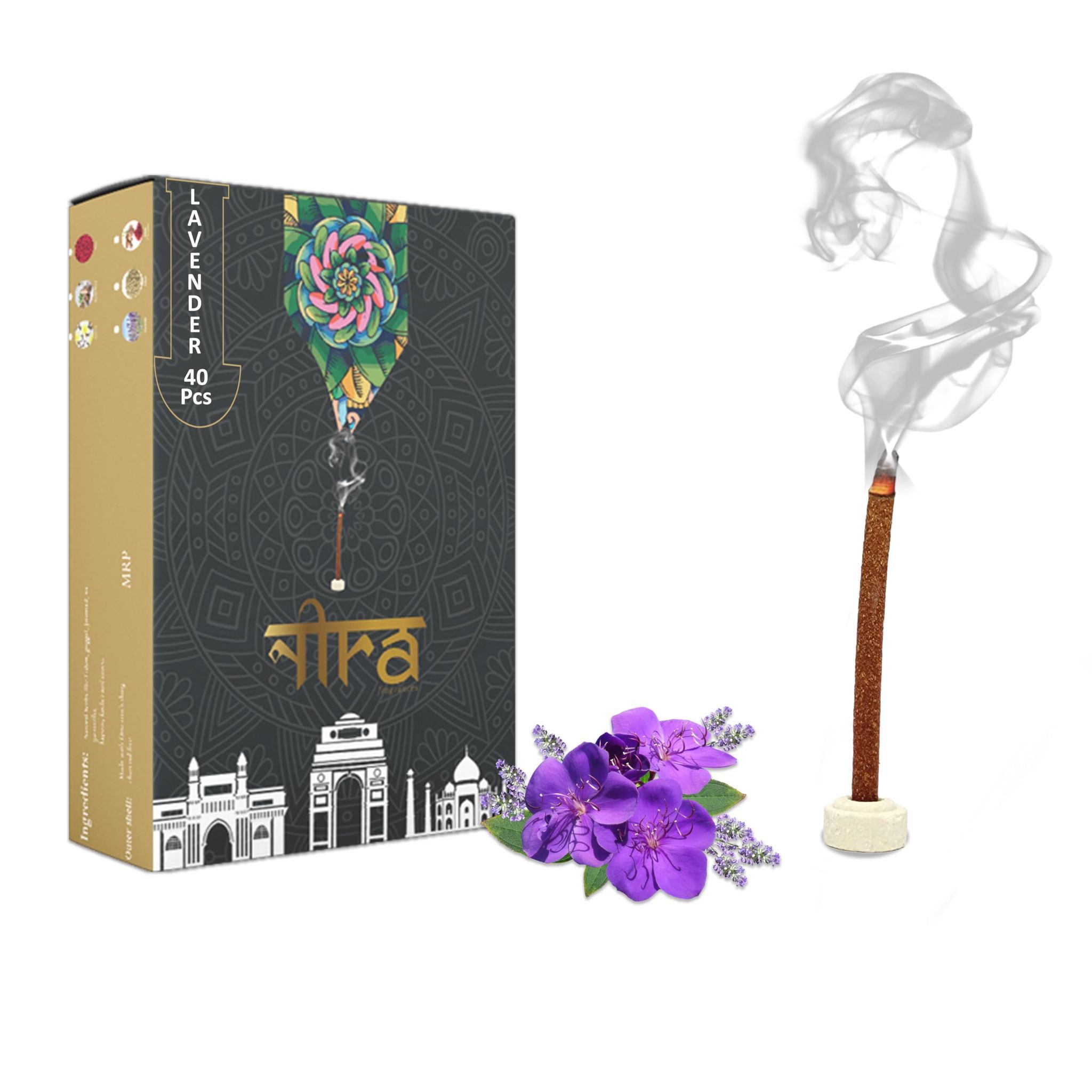 NIRA Fragrances Natural & Organic Lavender Long Lasting Fragrance Cow Dung Dhoop Sticks for Pooja 40 Pices Bambooless charcoal free Incense Sticks for Ideal for Prayers Free Dhup Stick Stand