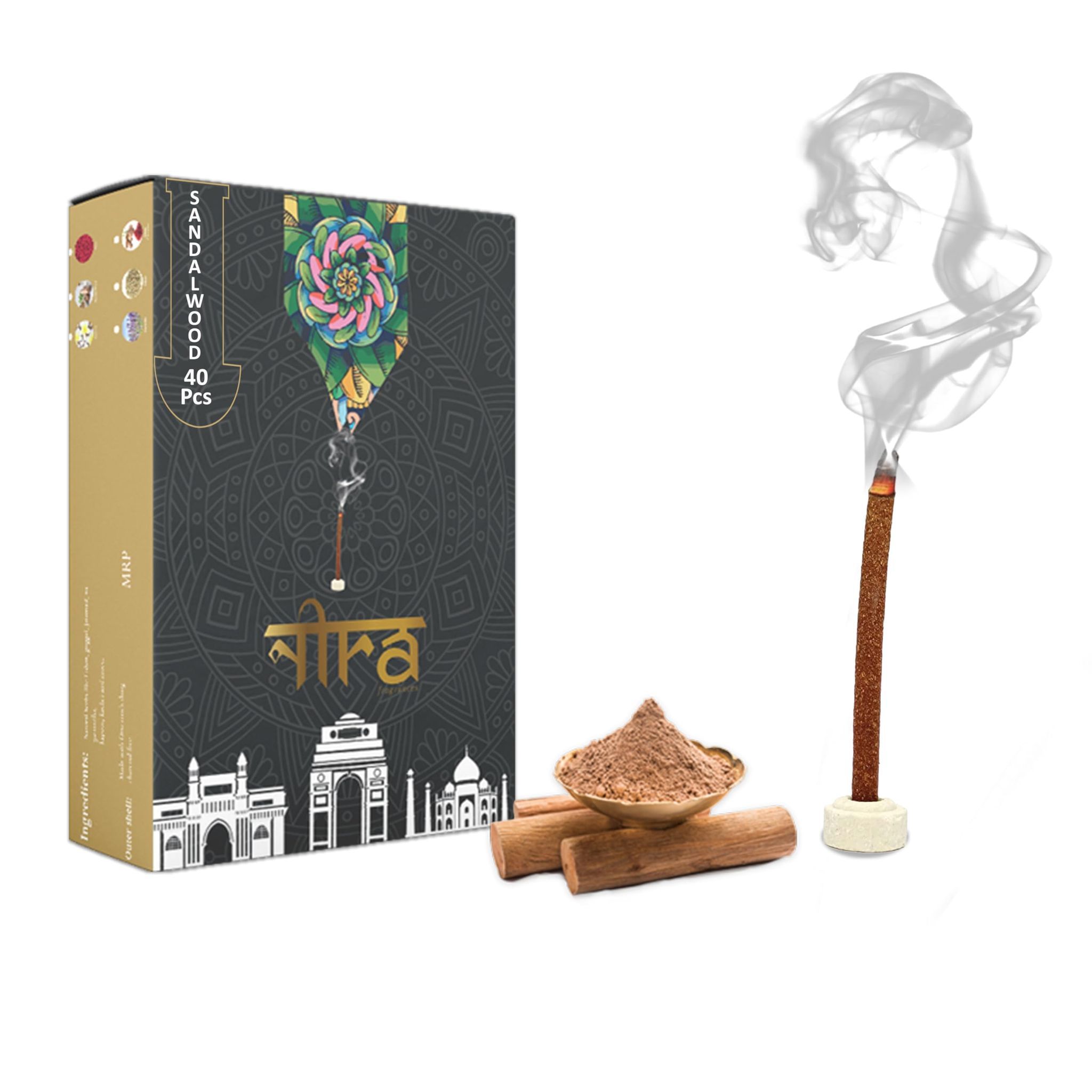 NIRA Fragrances Natural & Organic Chandan Long Lasting Fragrance Cow Dung Dhoop Sticks for Pooja 40 Pices Bambooless charcoal free Incense Sticks for Ideal for Prayers Free Dhup Stick Stand