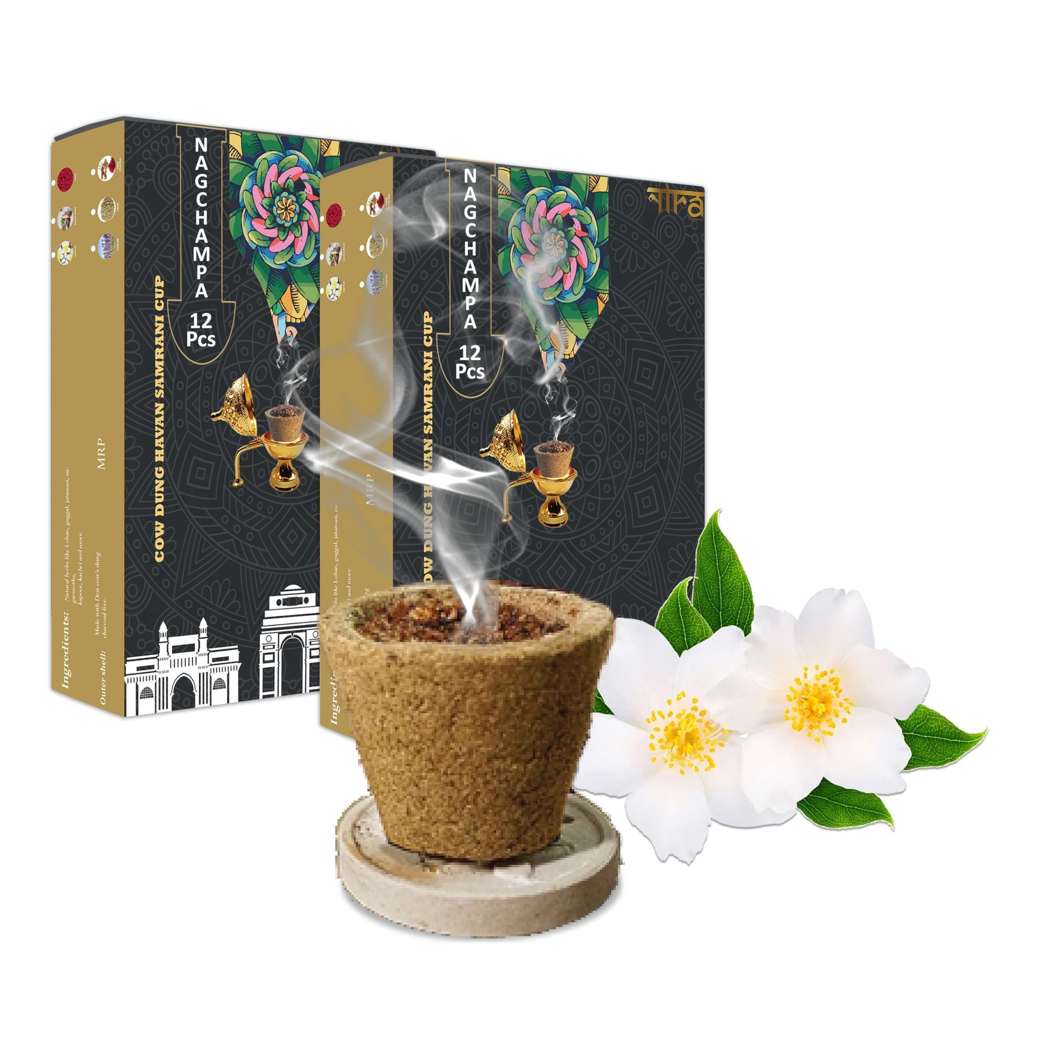 Nira Fragrances Jasmine Incense sambrani Cups I 24 Havan Pcs + 1 Free Stand I Natural Cow Dung Dhoop Havan Cup I Dhuni for Pooja I Organic Fragrance