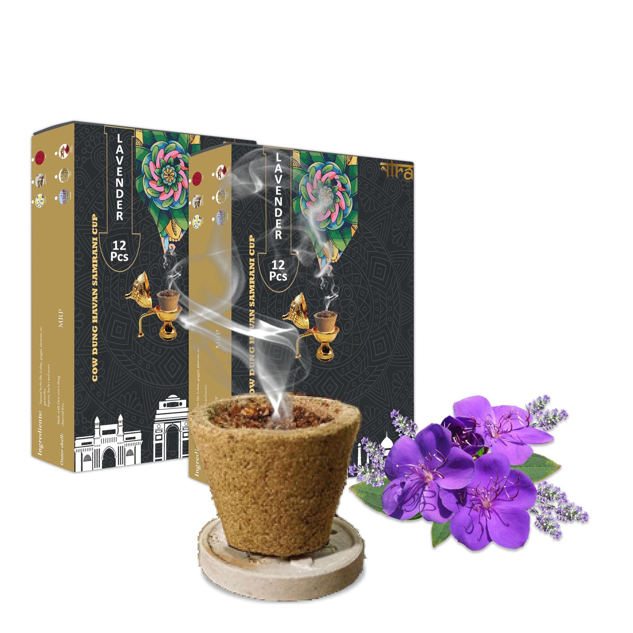 Nira Fragrances Lavender Incense sambrani Cups I 24 Havan Pcs + 1 Free Stand I Natural Cow Dung Dhoop Havan Cup I Dhuni for Pooja I Organic Fragrance