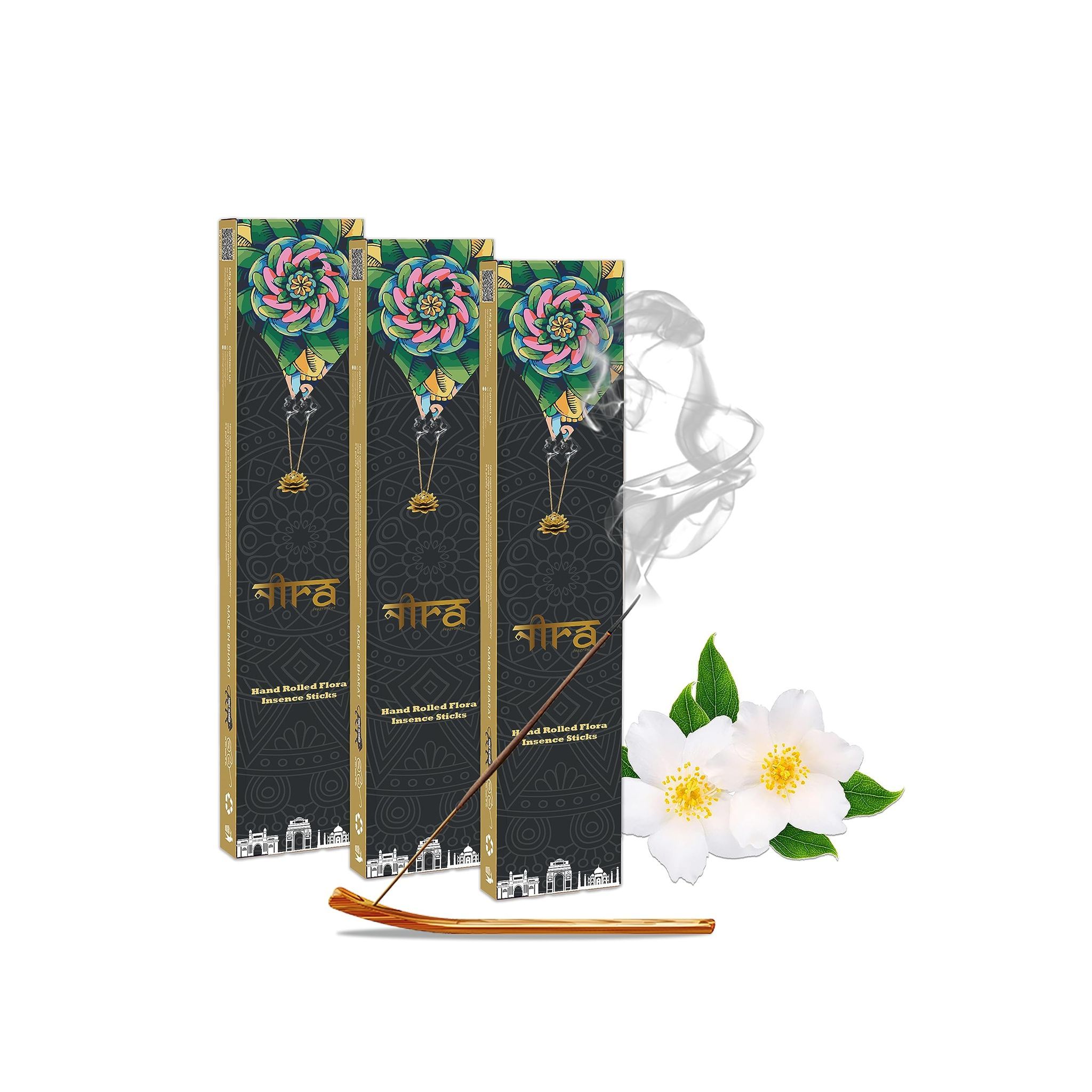 NIRA Fragrances Jasmine Fragrance 120 Incense Stick Combo 100% Natural & Organic Cow Dung Handmade Agarbatti Best for Morning and Evening Pooja, Meditation, and Aromatherapy, Yoga