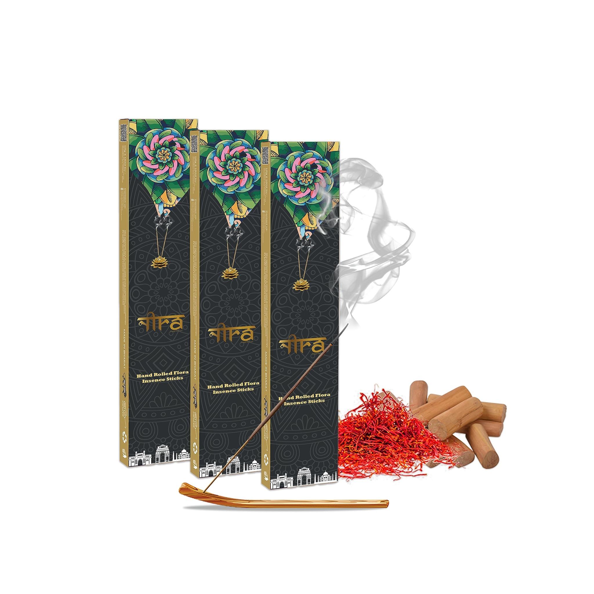 NIRA Fragrances Kesar Chandan Fragrance 120 Incense Stick Combo 100% Natural & Organic Cow Dung Handmade Agarbatti Best for Morning and Evening Pooja, Meditation, and Aromatherapy, Yoga