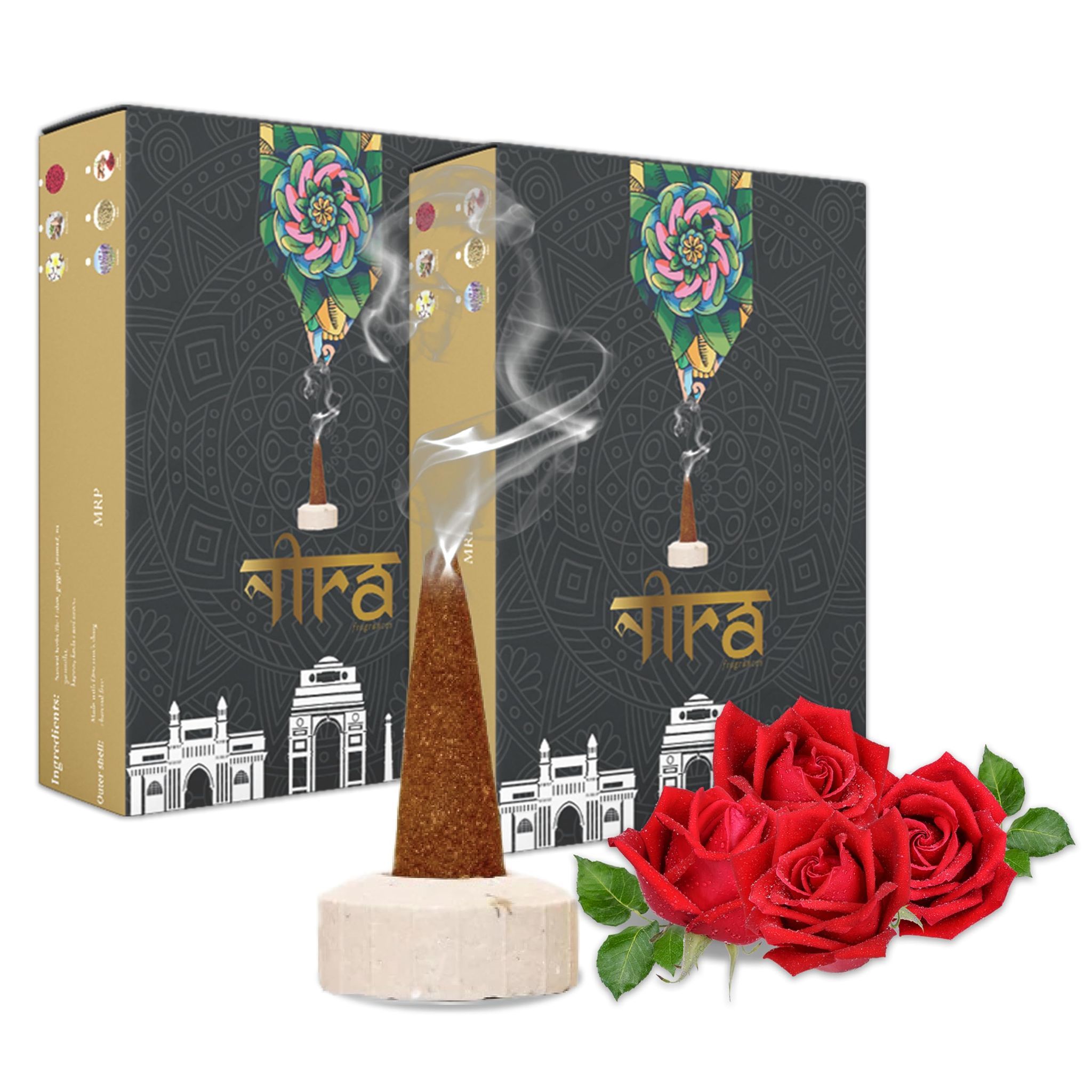 Nira Fragrances Natural Cow Dung Incense Cones |100 Organic Dhoop Cones with Rose Fragrances | Best for Pooja, Meditation, and Aromatherapy | Free Dhoop Stand Included