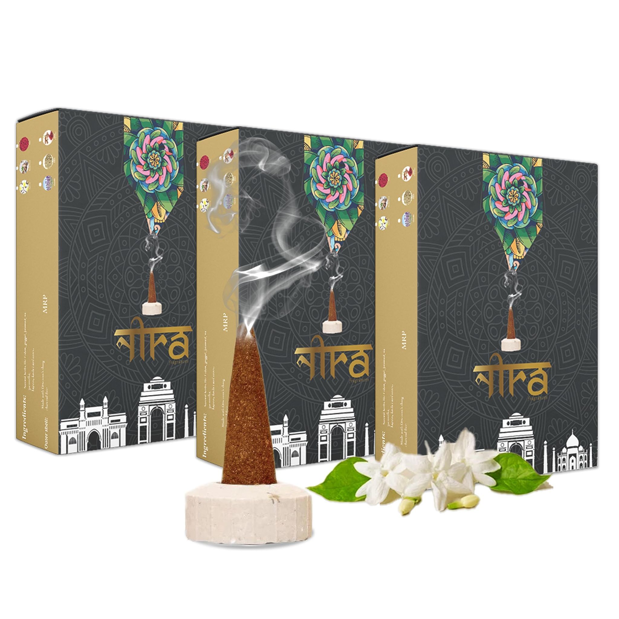 Nira Fragrances Natural Cow Dung Incense Cones |150 Organic Dhoop Cones with Jasmine Fragrances | Best for Pooja, Meditation, and Aromatherapy | Free Dhoop Stand Included