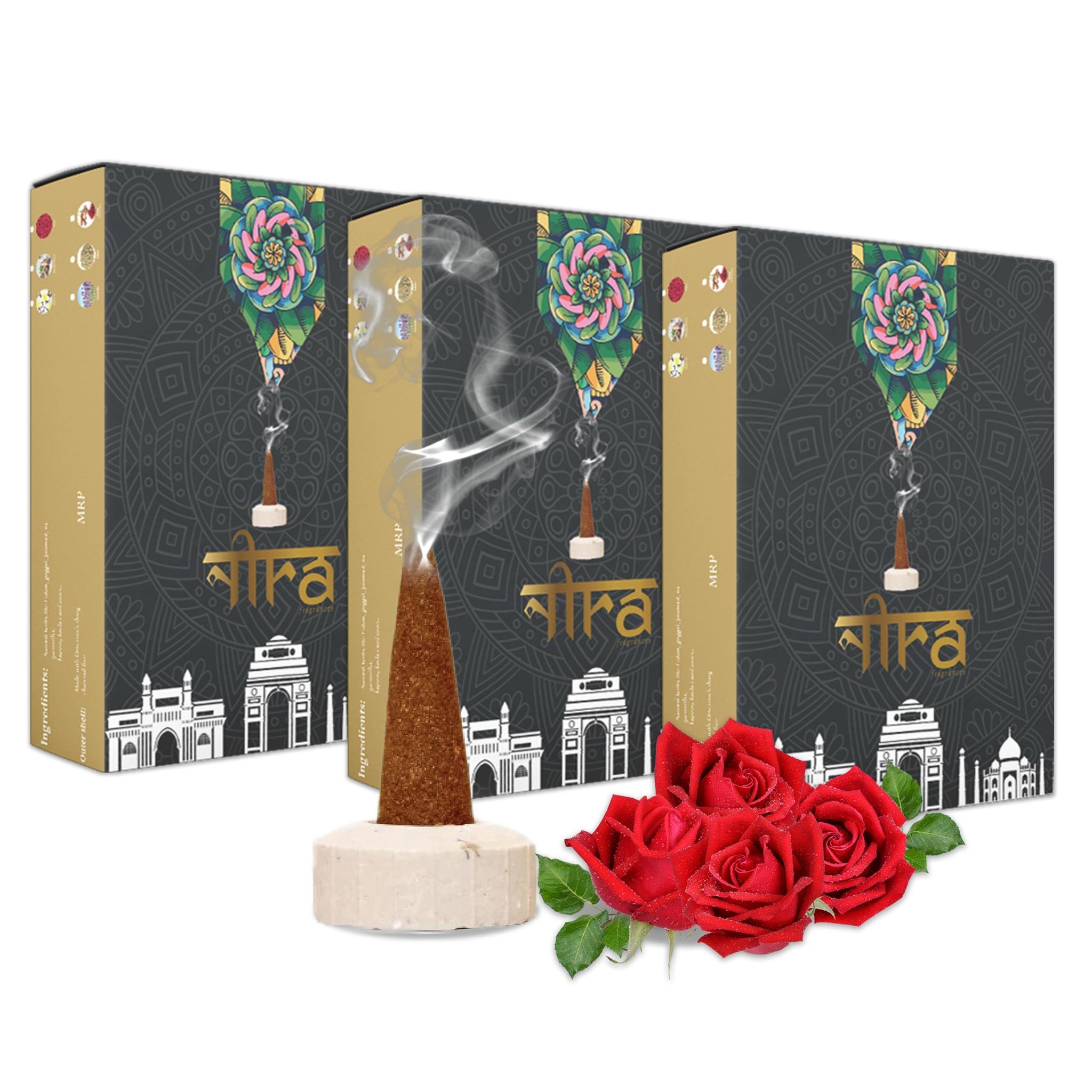 Nira Fragrances Natural Cow Dung Incense Cones |150 Organic Dhoop Cones with Rose Fragrances | Best for Pooja, Meditation, and Aromatherapy | Free Dhoop Stand Included