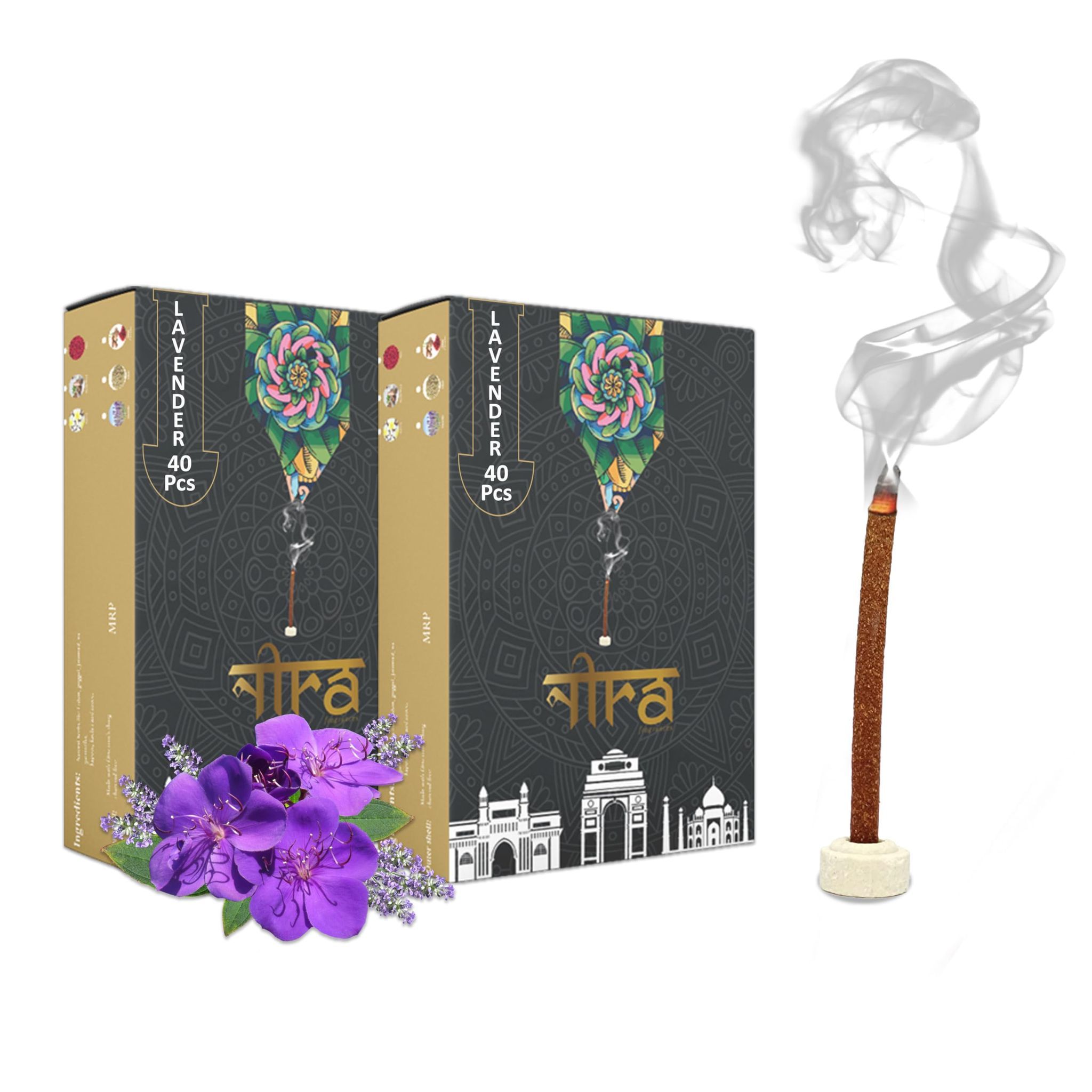 NIRA Fragrances Natural & Organic Lavender Long Lasting Fragrance Cow Dung Dhoop Sticks for Pooja 80 Pices Bambooless charcoal free Incense Sticks for Ideal for Prayers Free Dhup Stick Stand