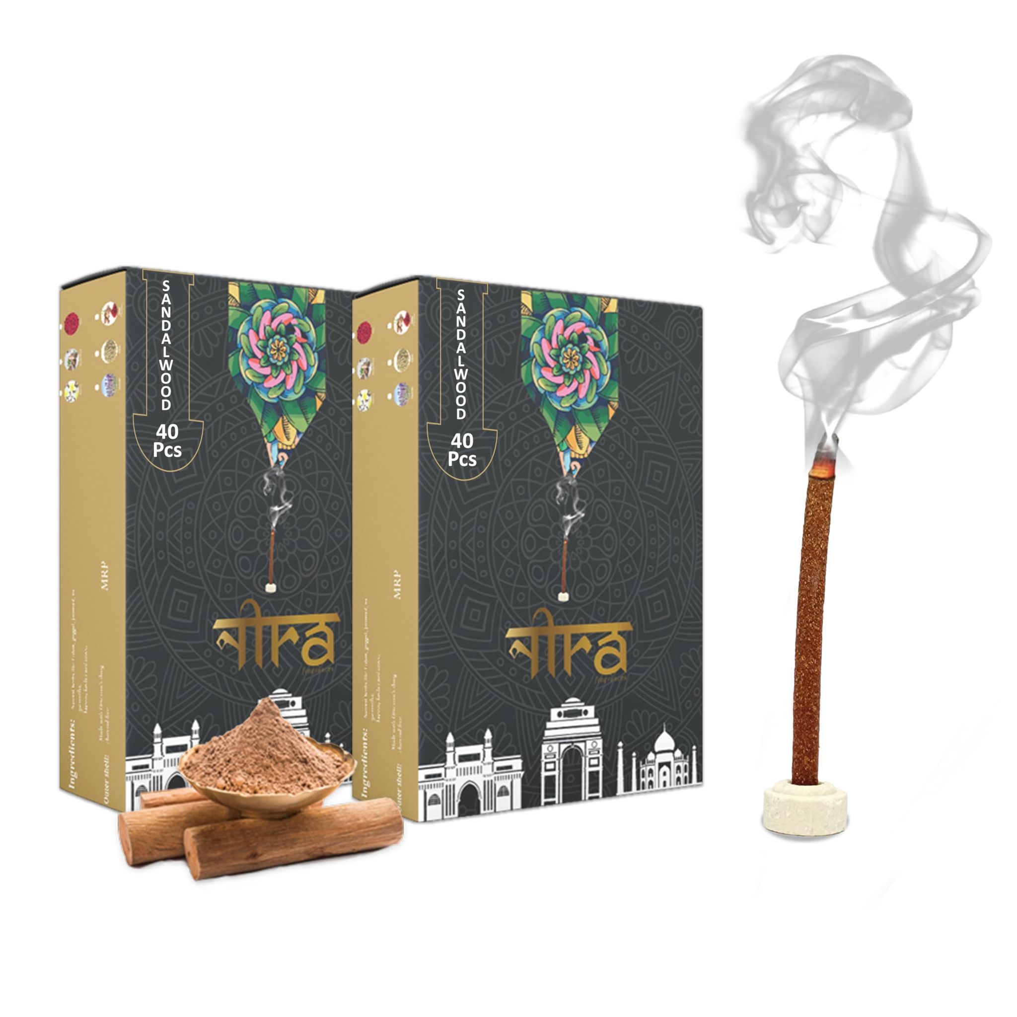 NIRA Fragrances Natural & Organic Sandalwood Long Lasting Fragrance Cow Dung Dhoop Sticks for Pooja 80 Pices Bambooless charcoal free Incense Sticks for Ideal for Prayers Free Dhup Stick Stand