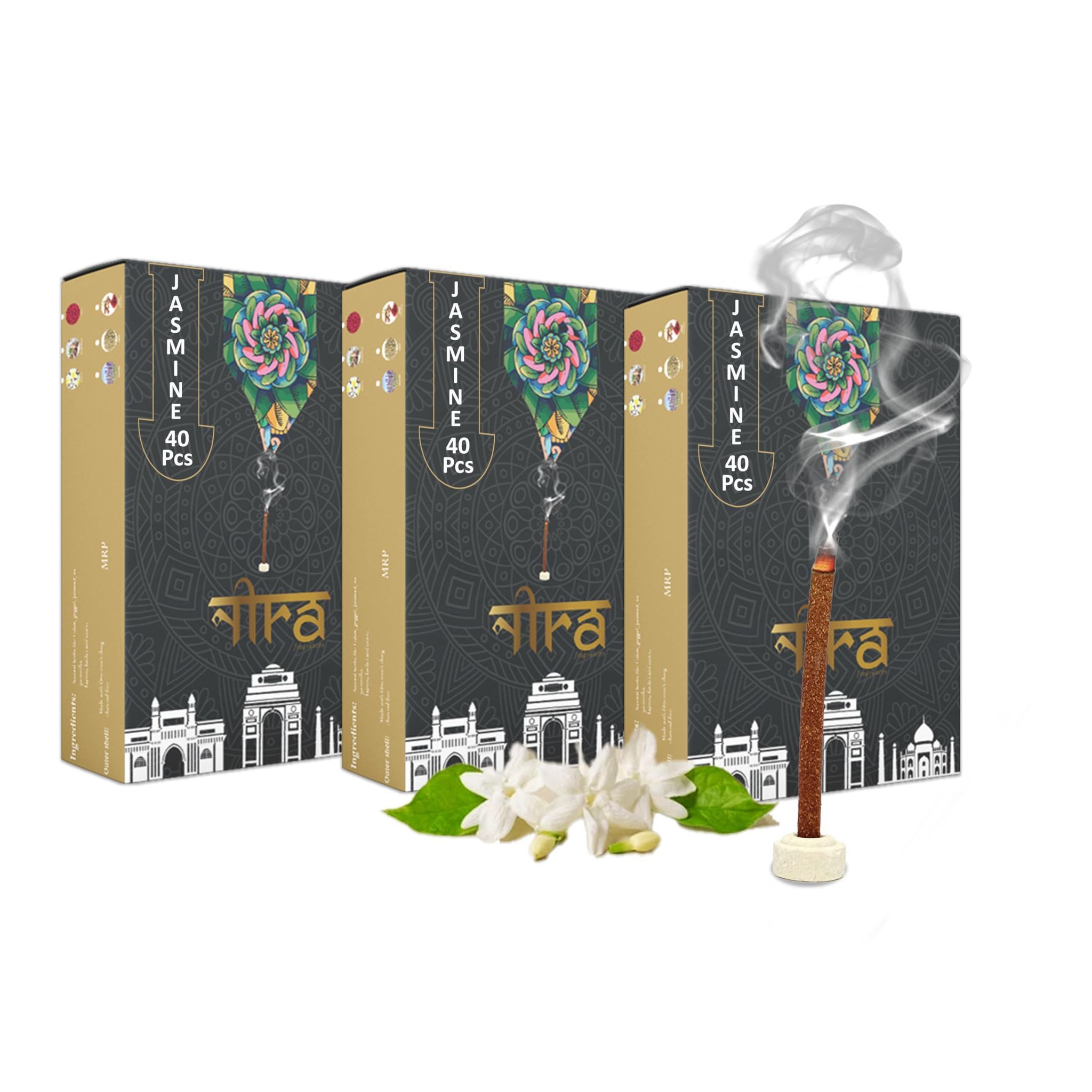 NIRA Fragrances Natural & Organic Jasmine Long Lasting Fragrance Cow Dung Dhoop Sticks for Pooja 120 Pices Bambooless charcoal free Incense Sticks for Ideal for Prayers Free Dhup Stick Stand