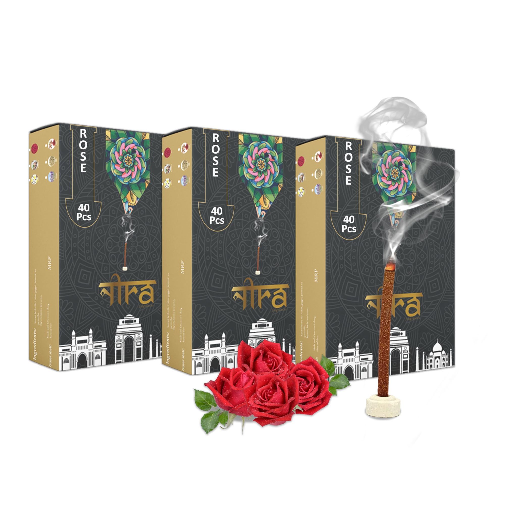 NIRA Fragrances Natural & Organic Rose Long Lasting Fragrance Cow Dung Dhoop Sticks for Pooja 120 Pices Bambooless charcoal free Incense Sticks for Ideal for Prayers Free Dhup Stick Stand