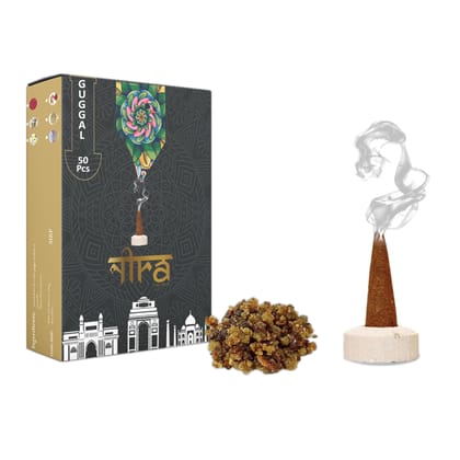 Nira Fragrances Natural Cow Dung Incense Cones | 50 Organic Dhoop Cones with Guggal Fragrances | Best for Pooja, Meditation, and Aromatherapy | Free Dhoop Stand Included