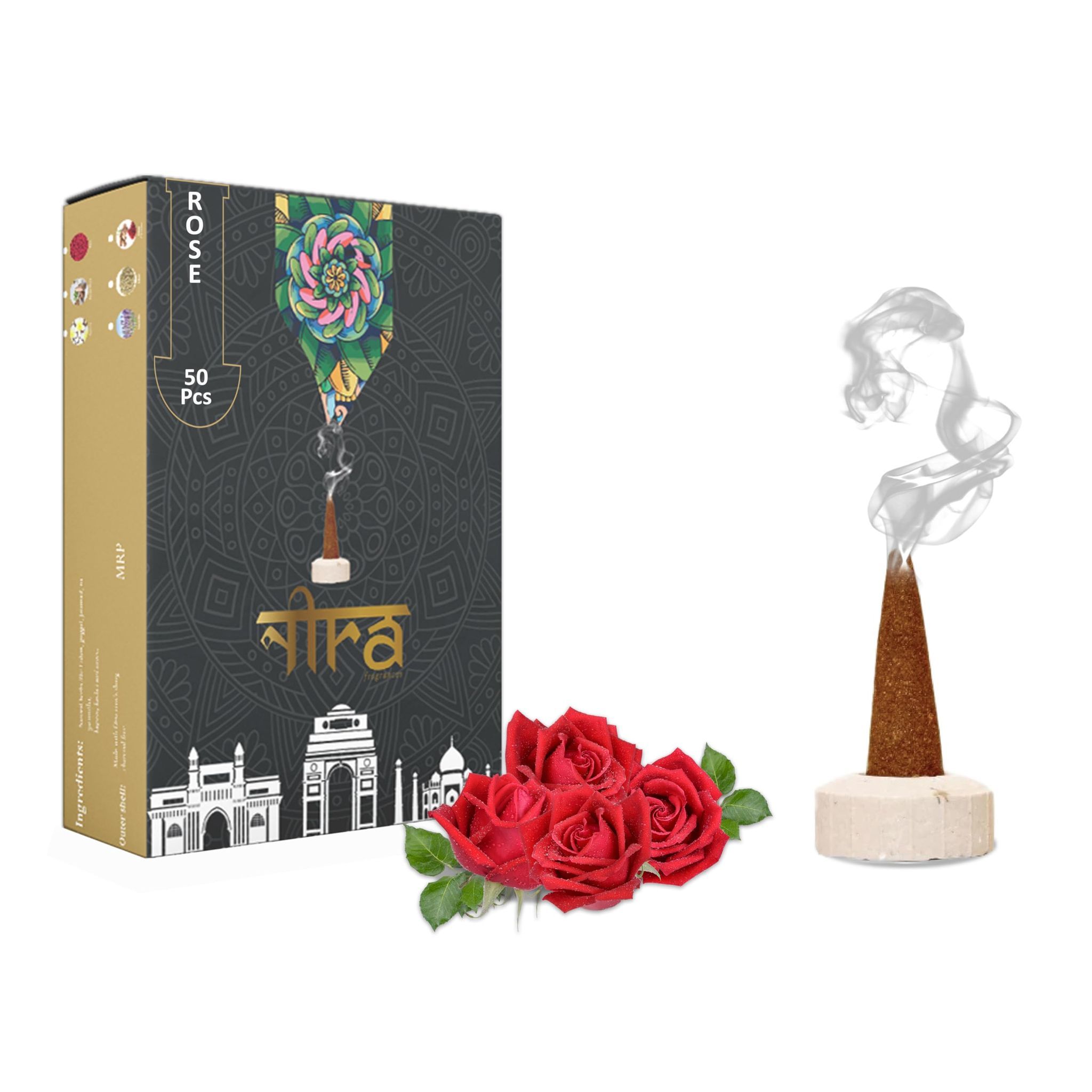 Nira Fragrances Natural Cow Dung Incense Cones | 50 Organic Dhoop Cones with Rose Fragrances | Best for Pooja, Meditation, and Aromatherapy | Free Dhoop Stand Included