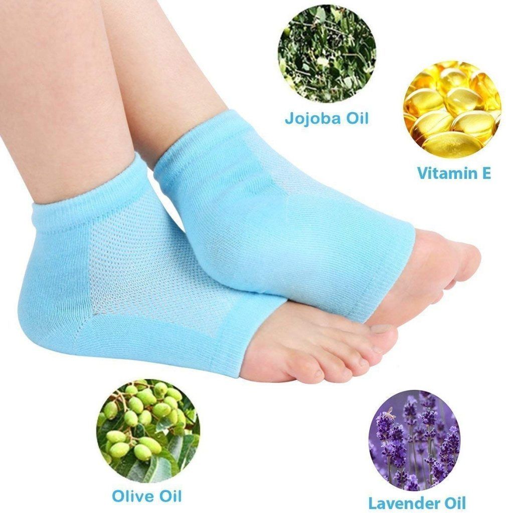 WUGO::Moisturizing Socks and Silicone Heel Protectors Combo Pain Relief Dry Hard Cracked Repair Cream Foot Care Spa Gel Socks Swelling & Plantar Fasciitis Foot Care Ankle Safety For Girls, Women, Men (Multi-color)