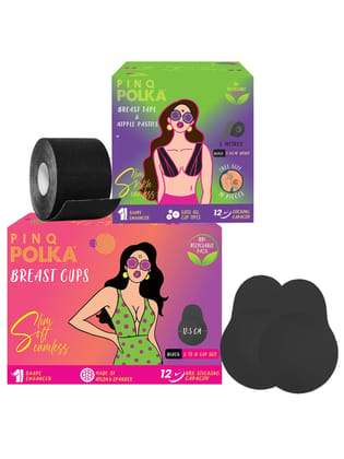 PINQ POLKA Reusable Breast Cups & Breast Tape,Boob Push Up, Shape Enhancer (Black, C-D Cups, 3pcs)