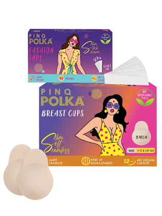 PINQ POLKA Transparent Double Sided Fashion Tape (50 Pcs) & 1 Reusable Breast Cups (A-B size, Nude)