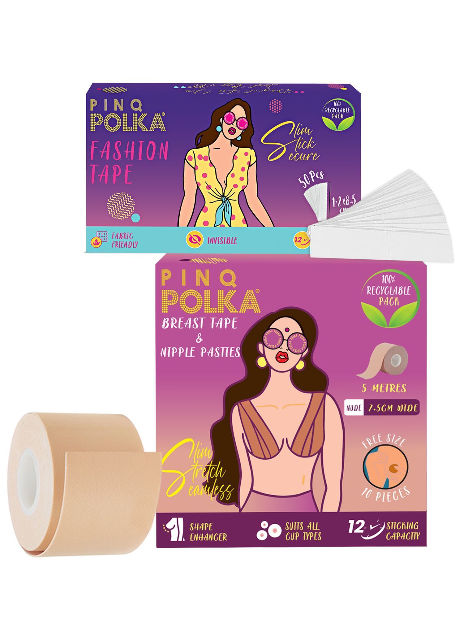 PINQ POLKA Transparent Double Sided Fashion Tape (50 pcs) with 1 Breast Lift Tape(Nude Colour)