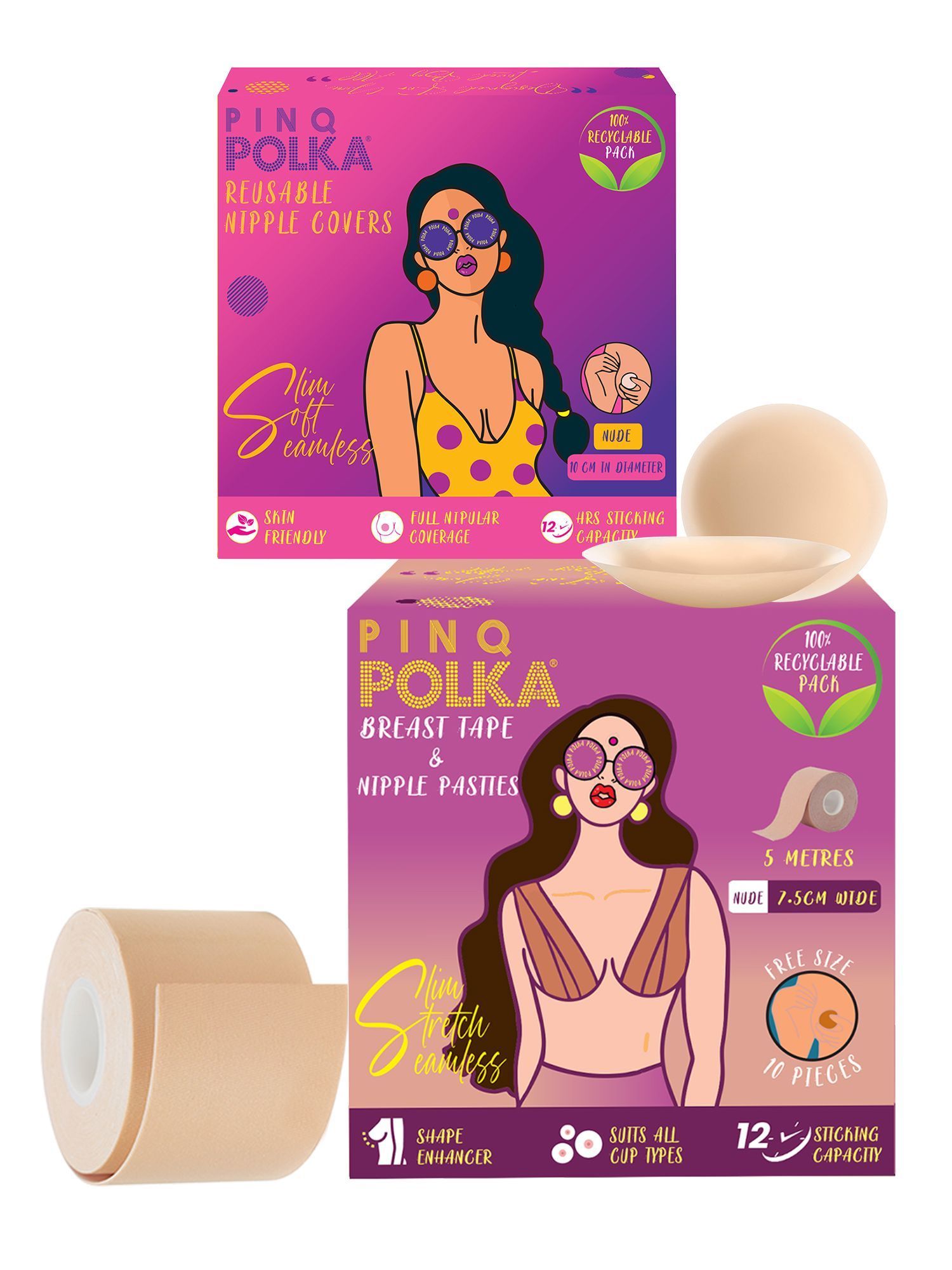 PINQ POLKA Reusable Nipple Covers Large & Breast Tape I Pasties |Seamless INUDE Colour 2 Pcs, 1 Tape