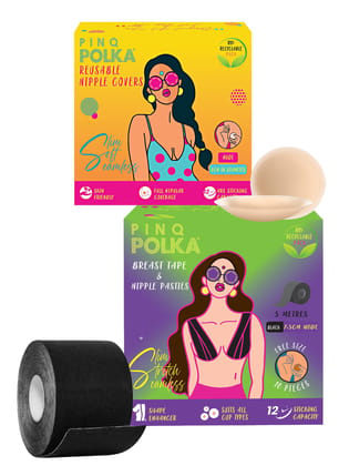 PINQ POLKA Reusable Nipple Covers & Breast Tape I Pasties |Seamless I BLACK Colour 2 Pcs, 1 Tape