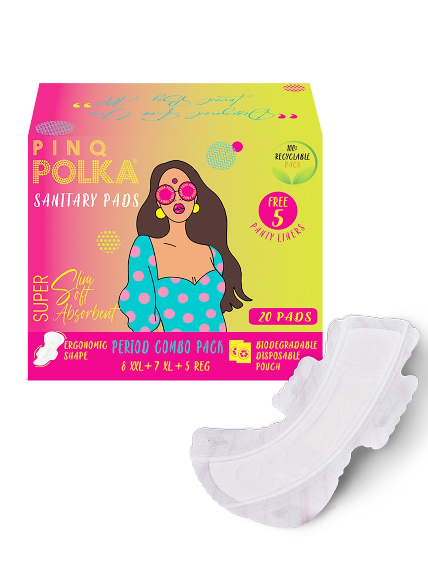 PINQ POLKA Ultra Thin Rashfree Cotton Feel Period Combo Pack 25 Pads (8 XXL,7 XL,5 Regular,5 liners)