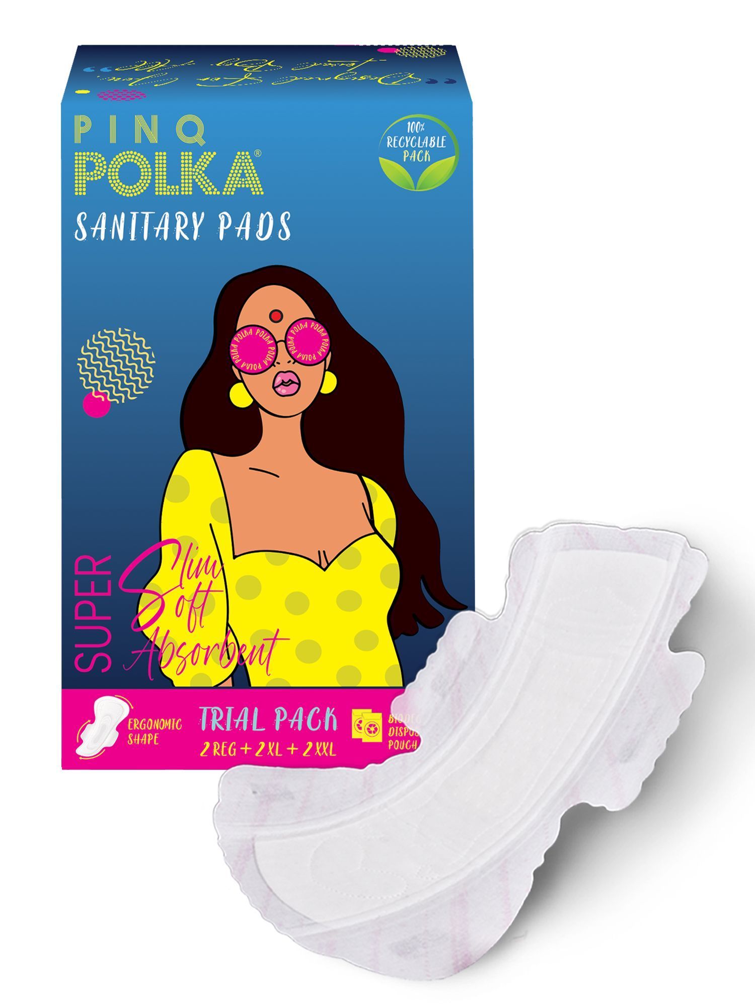 PINQ POLKA Ultra Thin Rashfree Cotton Feel Sanitary Pads Trial Pack 12pcs (4 XXL, 4 XL, 4 Regular)