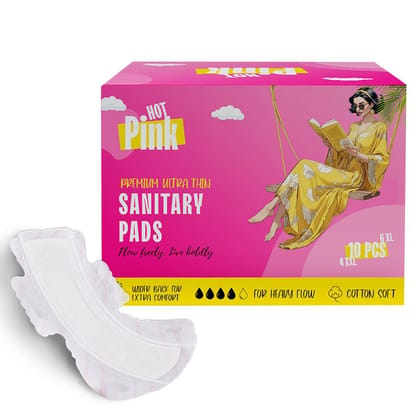 PINQ POLKA HOT PINK Ultra Thin Cotton Feel Sanitary Pads|Pack of 10|6 XL (280MM) + 4 XXL (320MM)