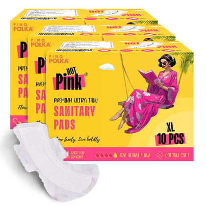 PINQ POLKA HOT PINK Ultra Thin Rashfree Cotton Feel Sanitary Pads|Pack of 30|Size XL (280MM)