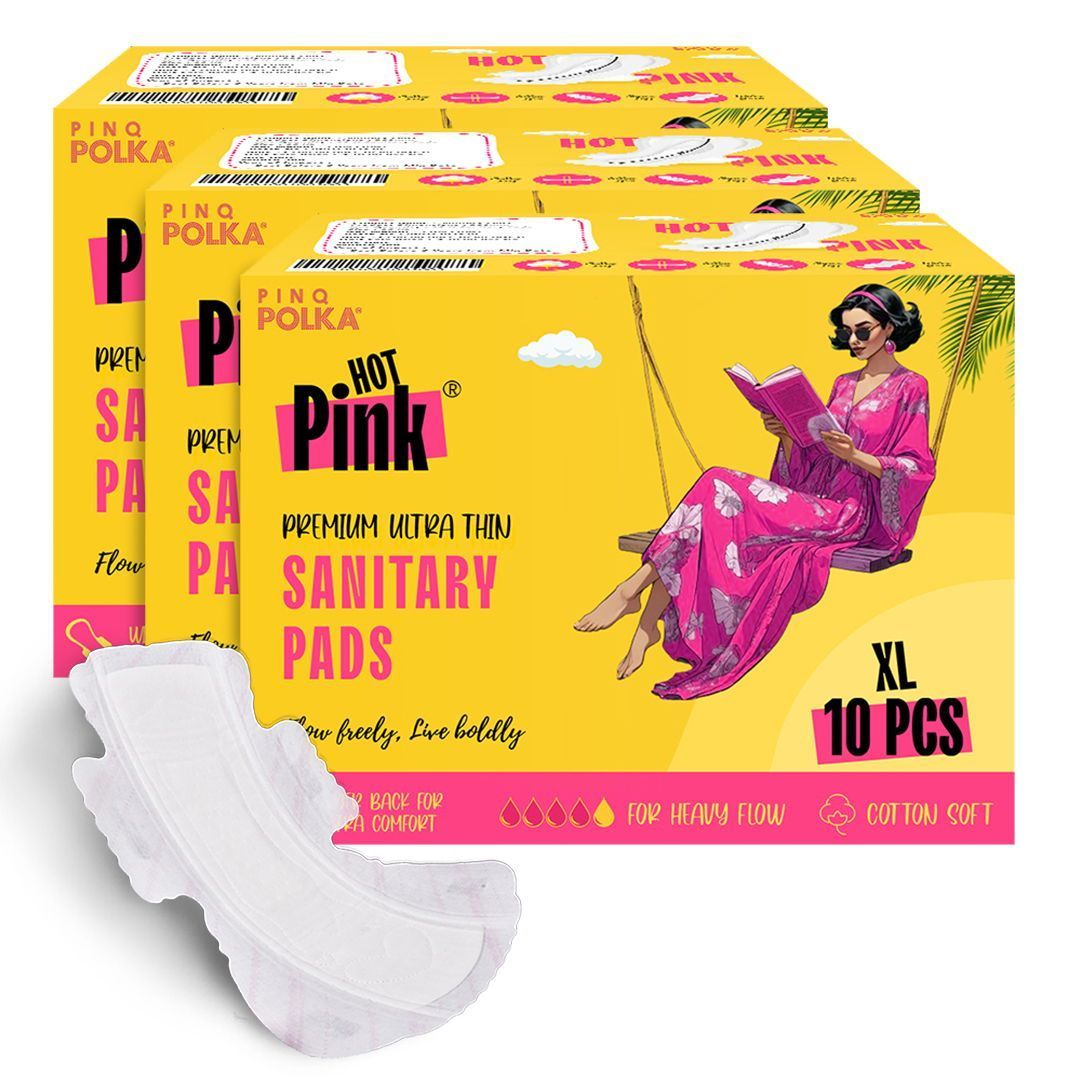 PINQ POLKA HOT PINK Ultra Thin Rashfree Cotton Feel Sanitary Pads|Pack of 30|Size XL (280MM)