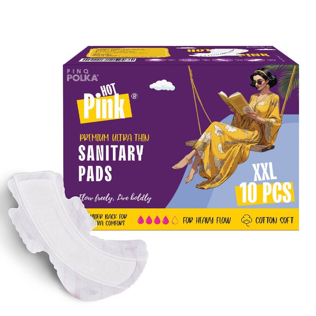 PINQ POLKA HOT PINK Ultra Thin Rashfree Cotton Feel Sanitary Pads|Pack of 10|Size XL (280MM)