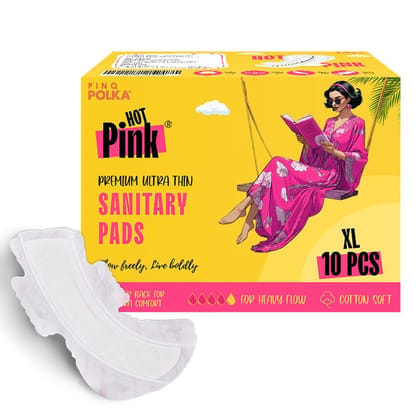 PINQ POLKA HOT PINK Ultra Thin Rashfree Cotton Feel Sanitary Pads|Pack of 10|Size XXL (320MM)