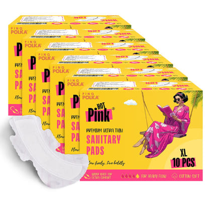 PINQ POLKA HOT PINK Ultra Thin Rashfree Cotton Feel Sanitary Pads|Pack of 60|Size XL (280MM)