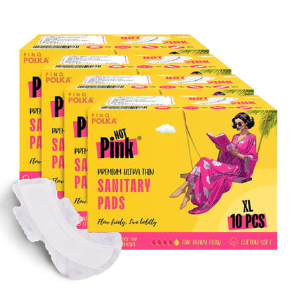 PINQ POLKA HOT PINK Ultra Thin Rashfree Cotton Feel Sanitary Pads|Pack of 40|Size XL (280MM)