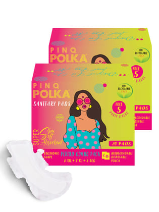 PINQ POLKA Period Combo Pack - Premium Organic Cotton Soft Feel Ultra-Thin Sanitary Pads for Rash Free,16 XXL(Heavy Flow), 14 XL (Night), 10 Regular (Day) and 10 Pantyliner (Discharge)- Pack of 2 (50Pcs)